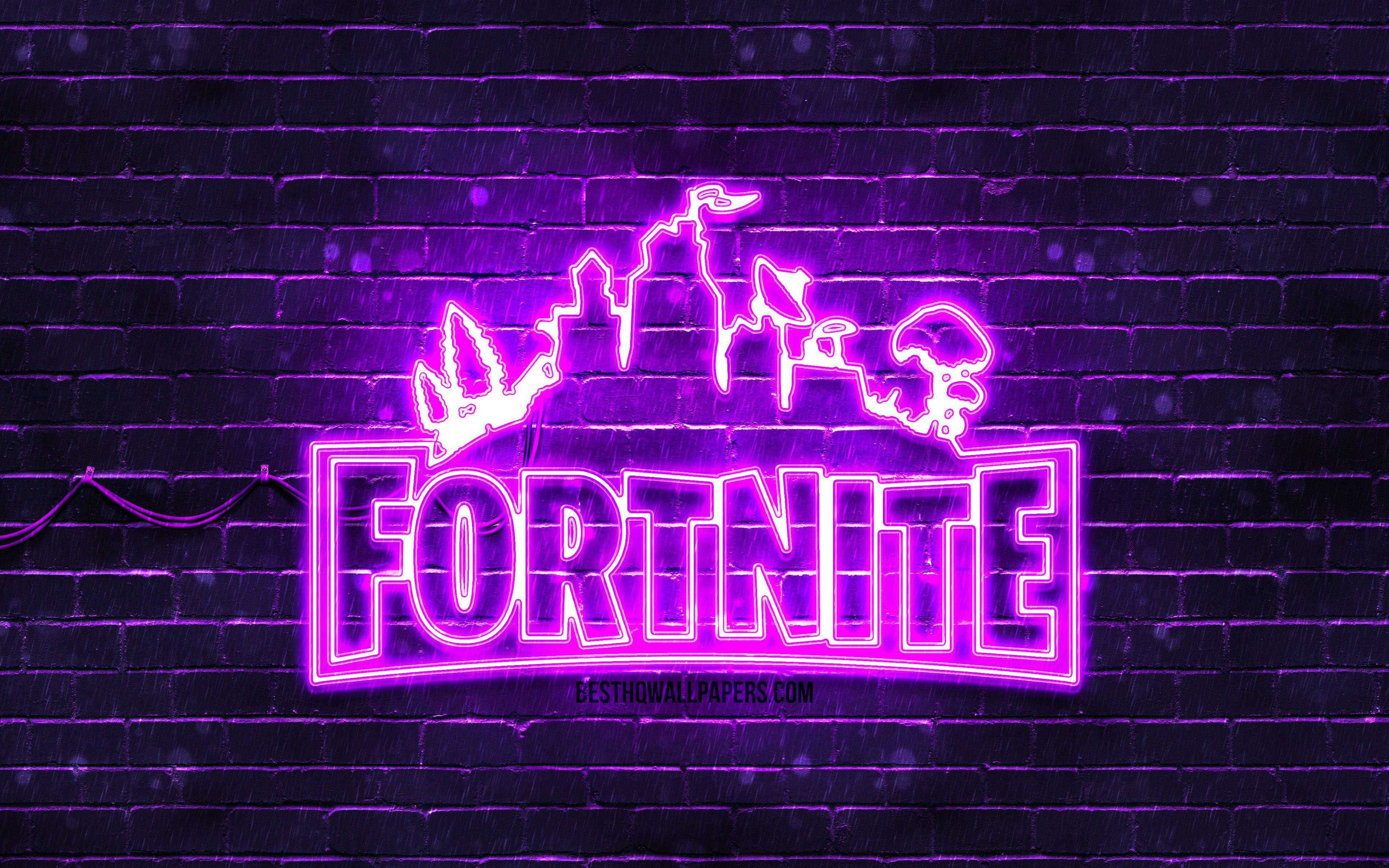 Download wallpaper Fortnite violet logo, 4k, violet brickwall