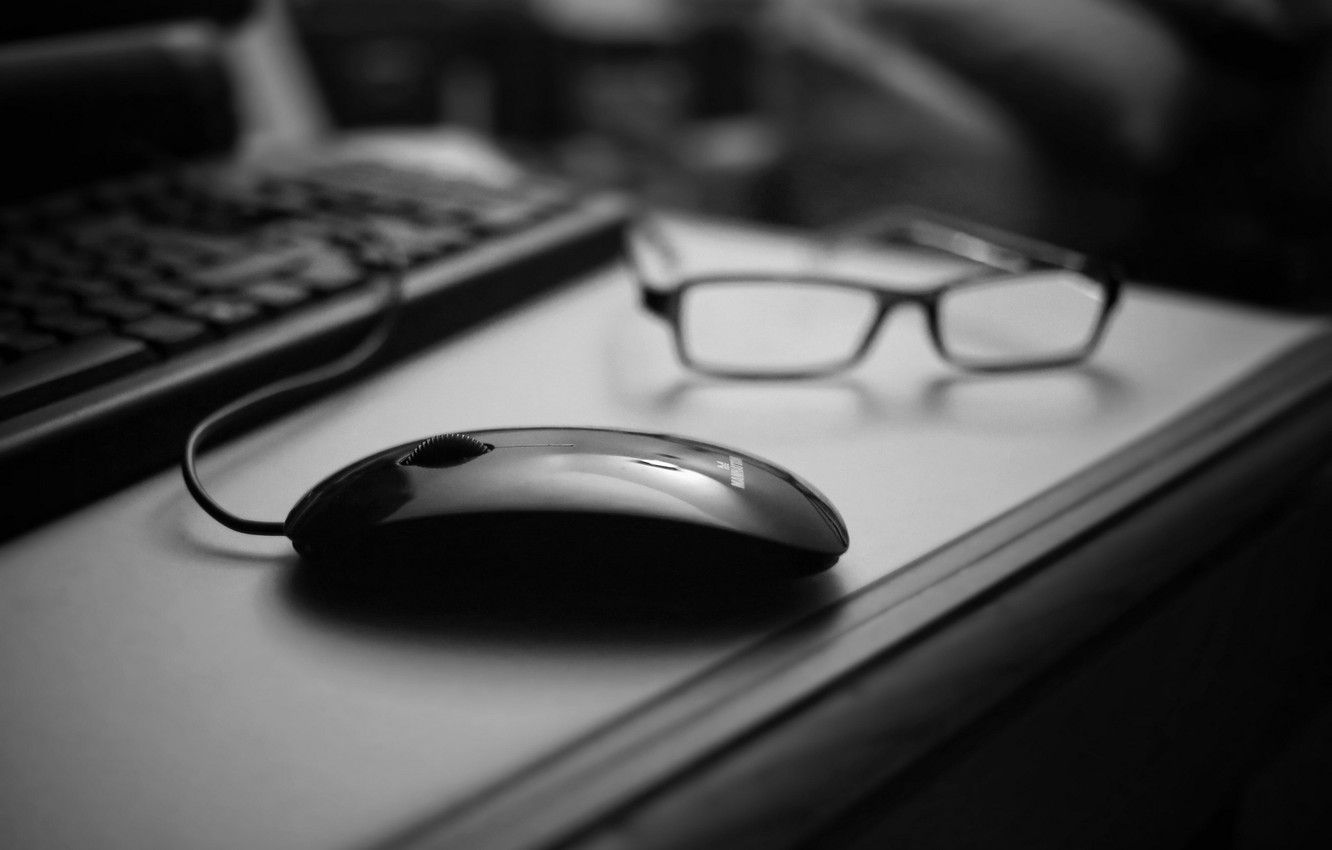 Wallpaper table, mouse, glasses, black, black and white, keyboard