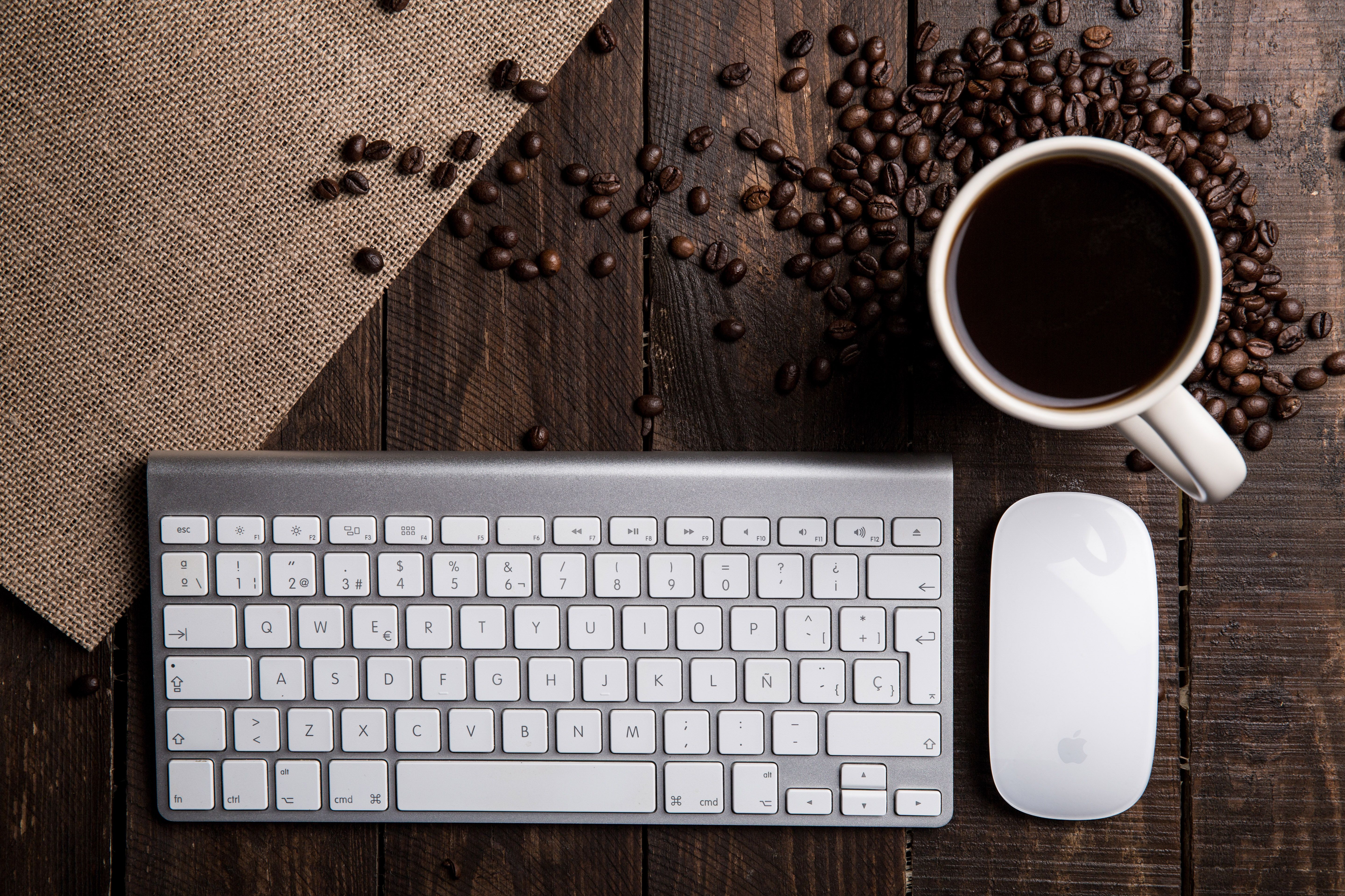Flat Lay Photography of Apple Magic Keyboard, Mouse, and Mug