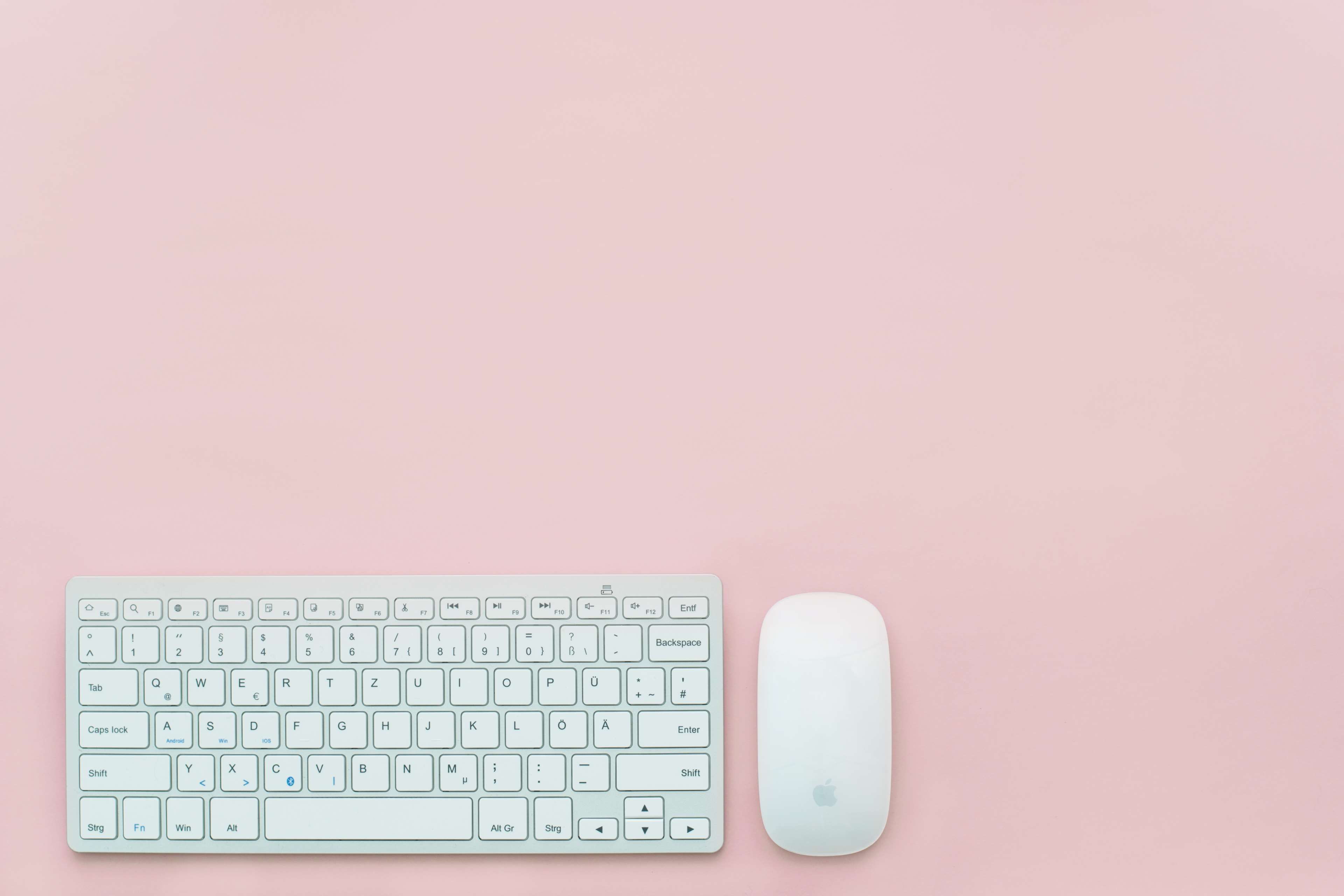 apple, background, clean, desk, feminine, flatlay, keyboard, mouse
