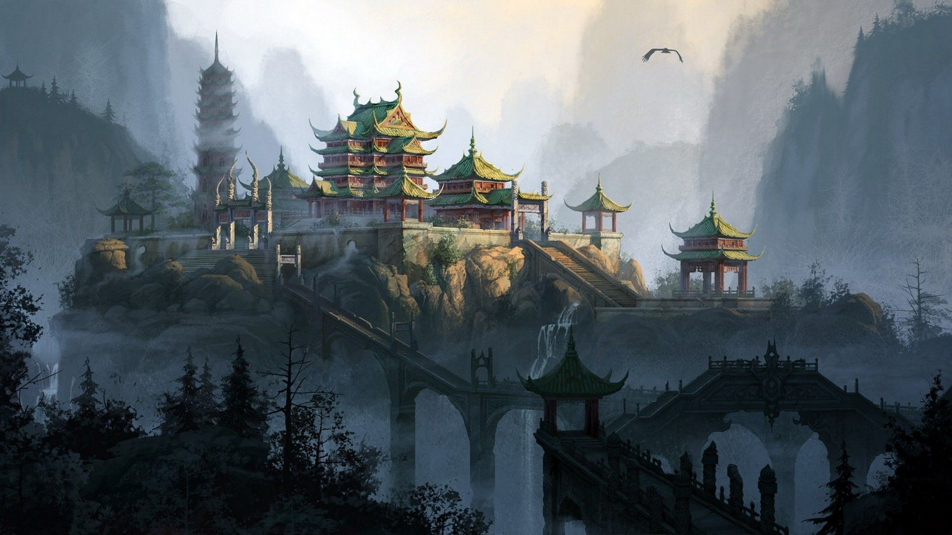 #landscape, #fantasy art, #Asian architecture, wallpaper. Mocah HD Wallpaper