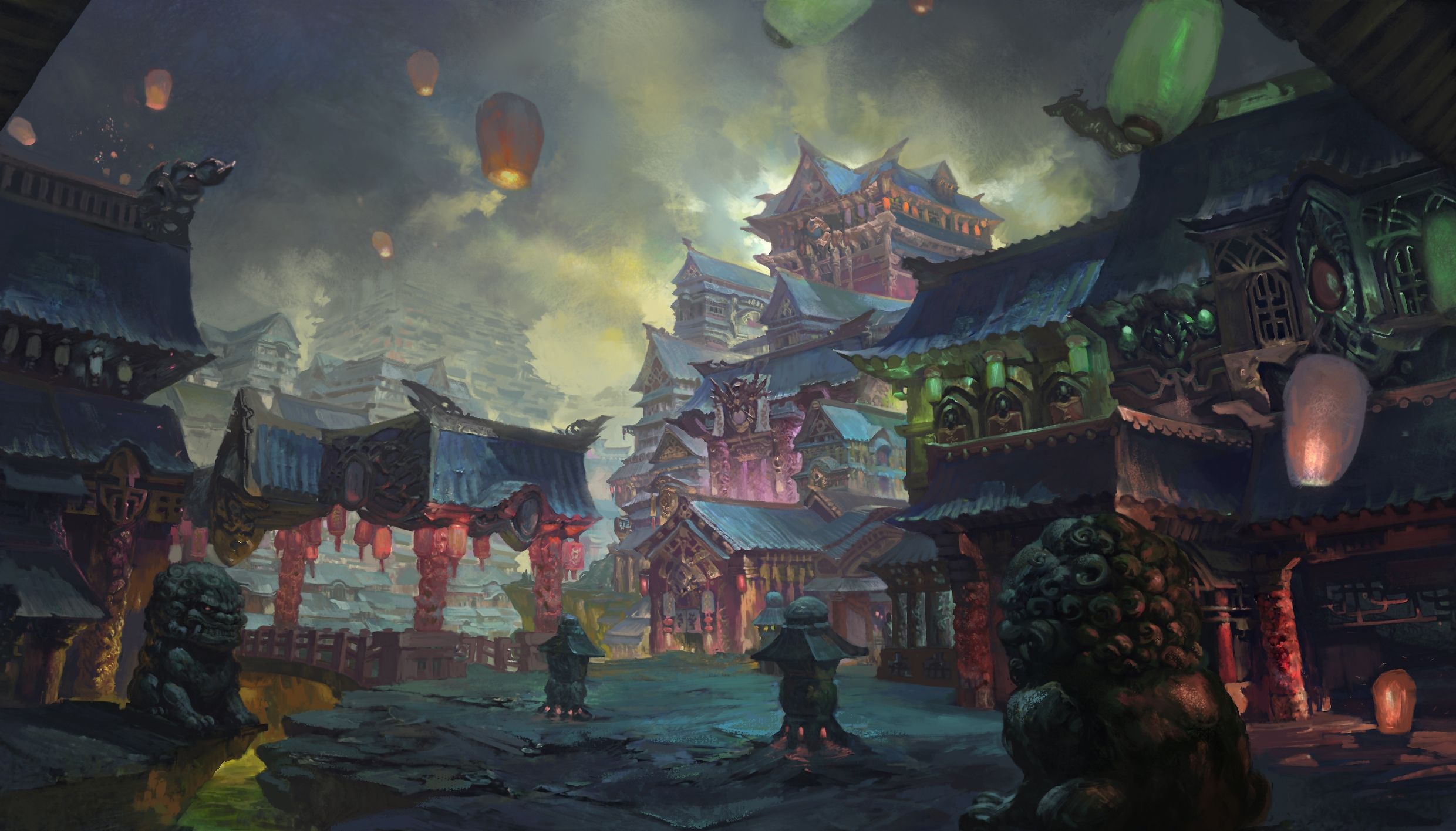 Download 2480x1417 Shrine, Asian, Lanterns, Fantasy World, Artwork