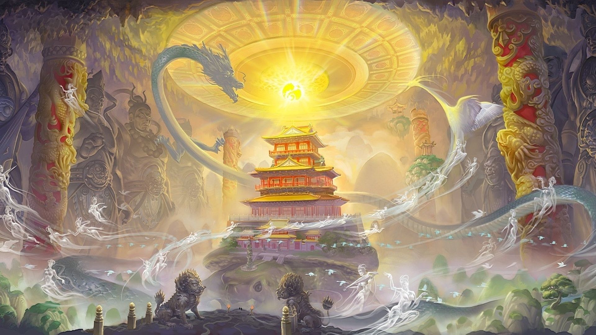 Fantasy dragon asian oriental art castle wallpaperx1080