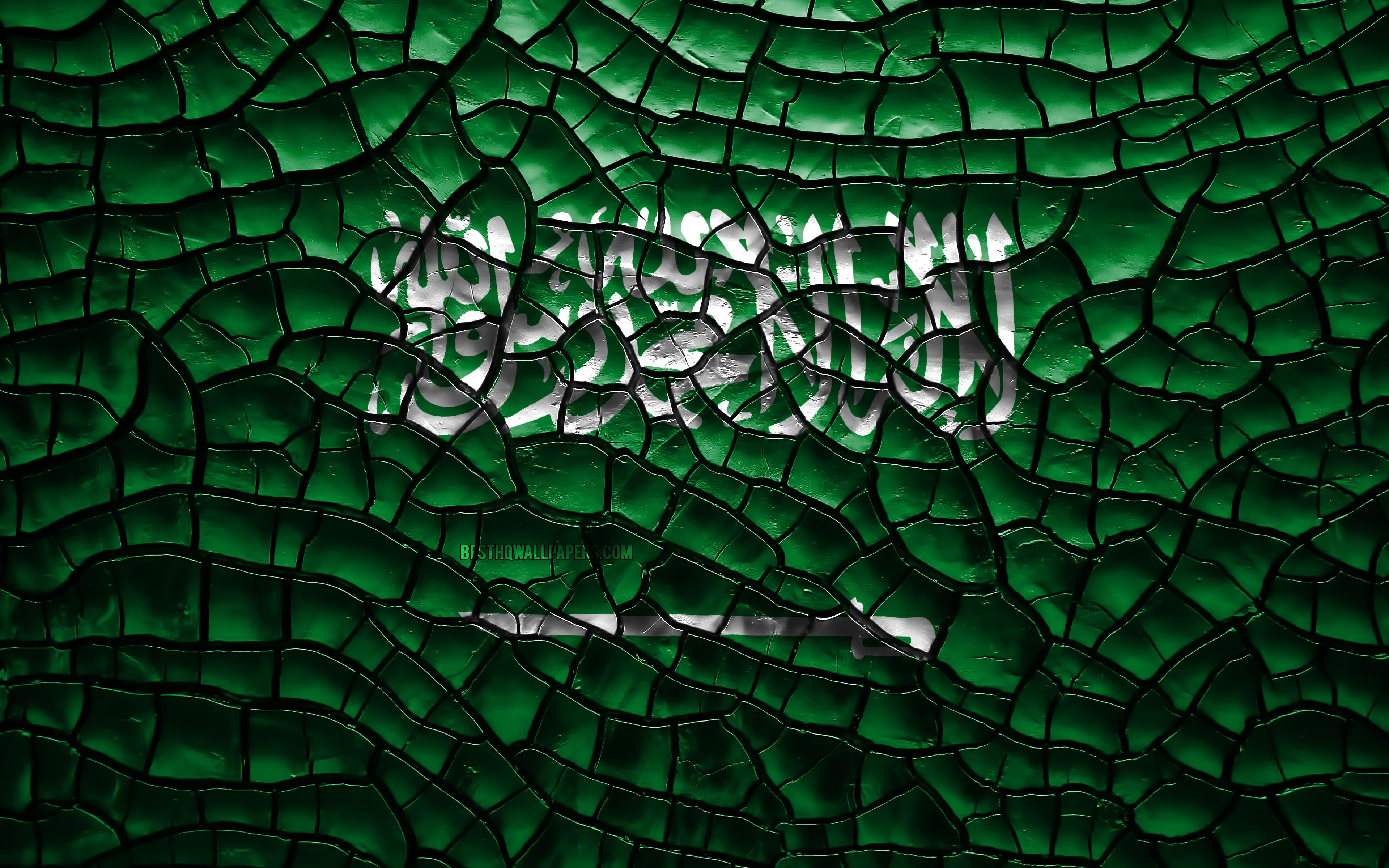 Download wallpaper Flag of Saudi Arabia, 4k, cracked soil, Asia