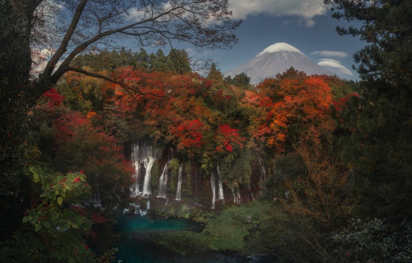 Wallpaper autumn, forest, trees, mountain, waterfall, Japan, Fuji