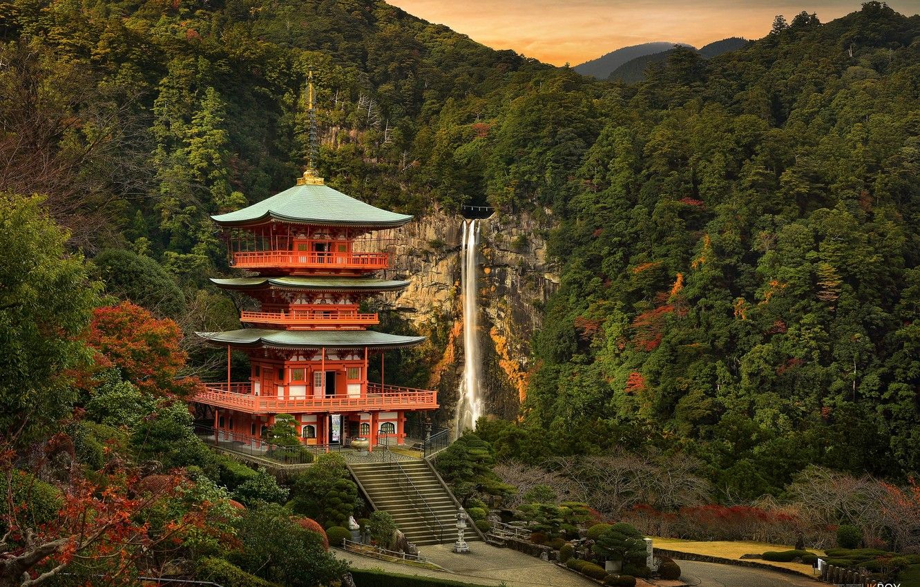Wallpaper forest, mountains, waterfall, Japan, temple image