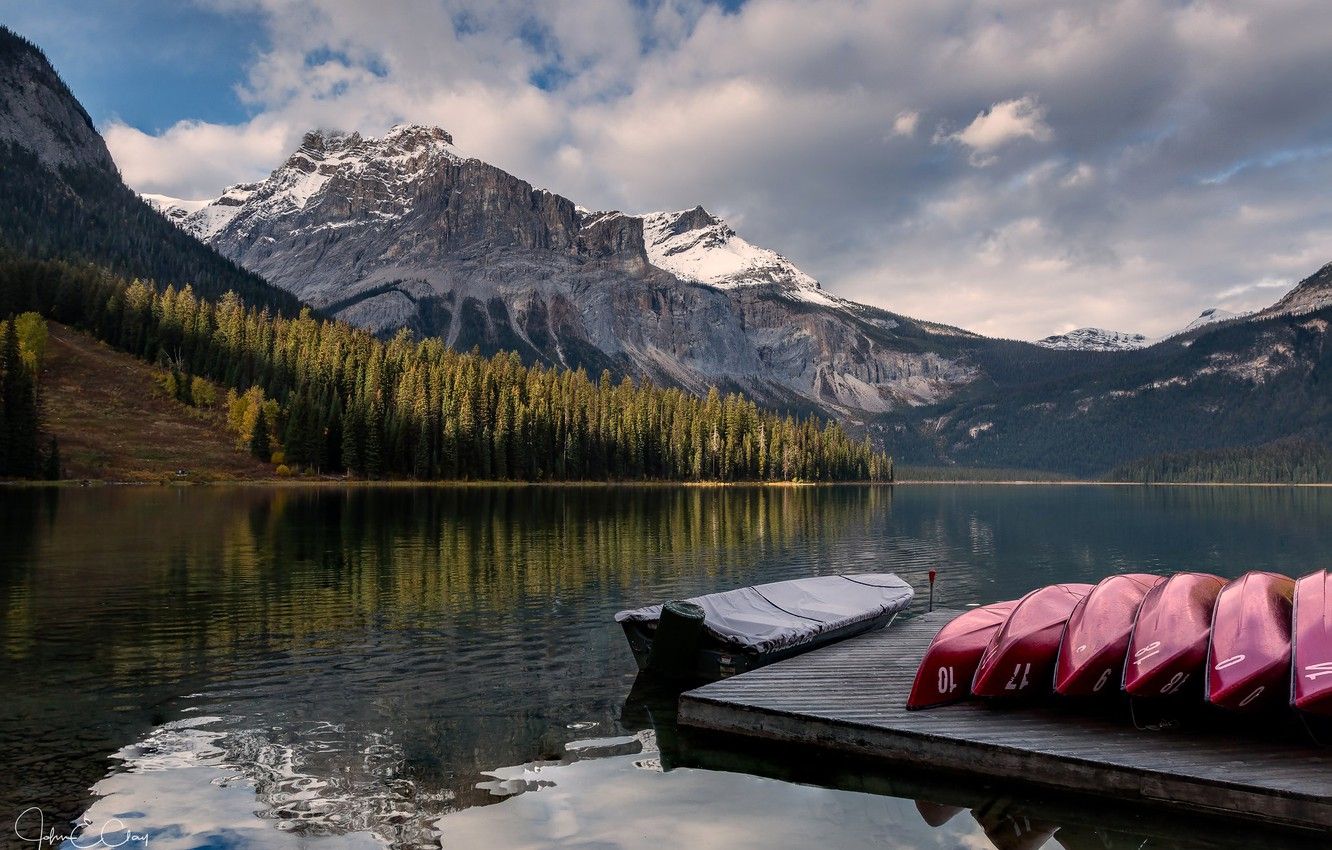 Wallpaper forest, clouds, trees, mountains, lake, rocks, boats