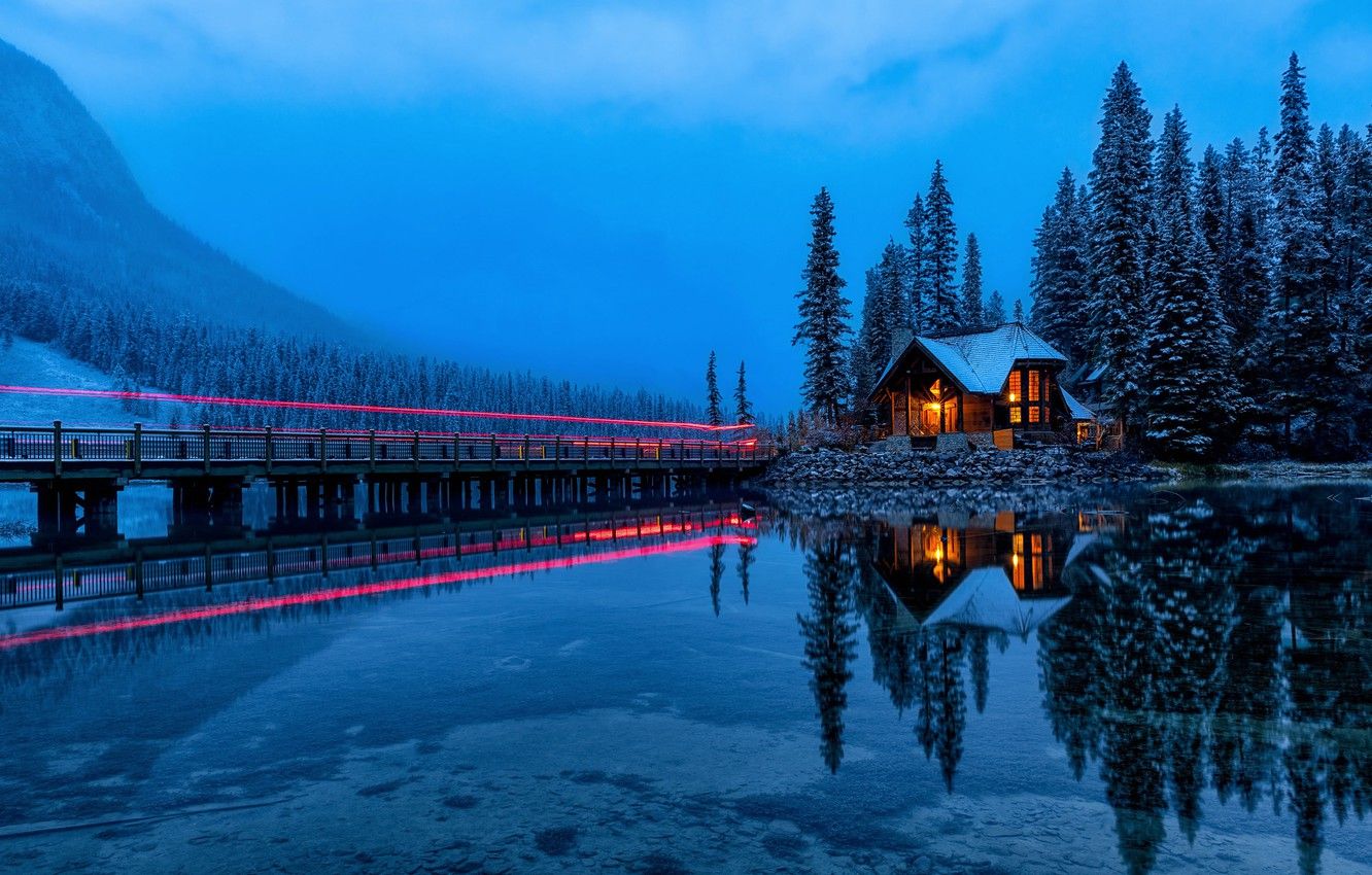 Wallpaper forest, light, mountains, lake, reflection, Canada