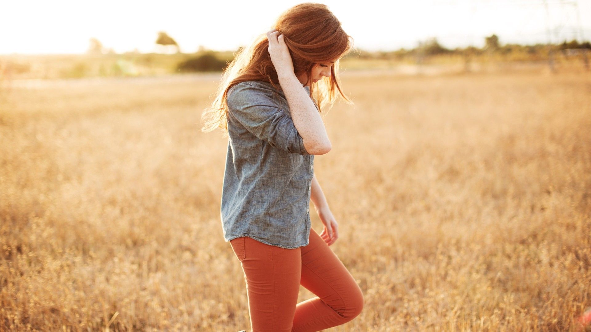 Download 1920x1080 Redhead, Woman, Field, Sunlight, Walking