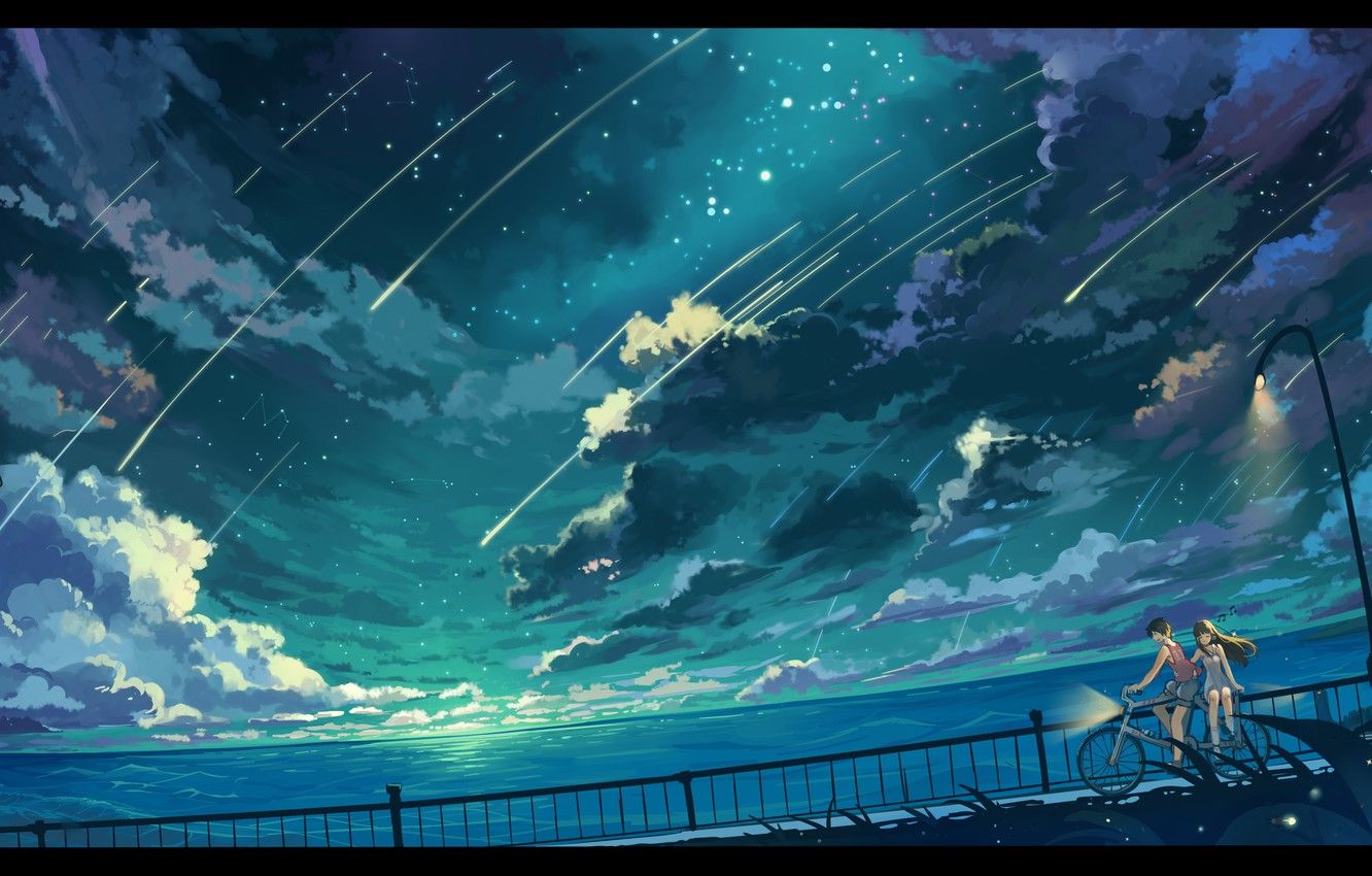 Wallpaper the sky, girl, stars, clouds, landscape, nature, bike, the ocean, anime, art, lights, guy, haraguroi you image for desktop, section сёнэн