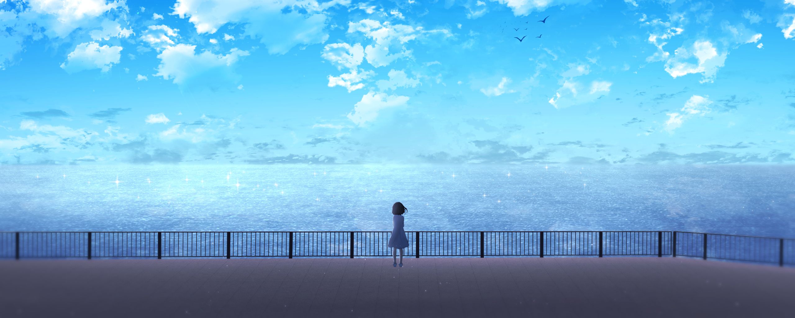 Anime Girl Near Ocean 2560x1024 Resolution Wallpaper, HD