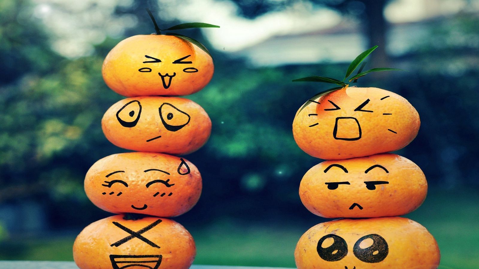 Download wallpaper 1600x900 fruit, emoticons, smiley face, table