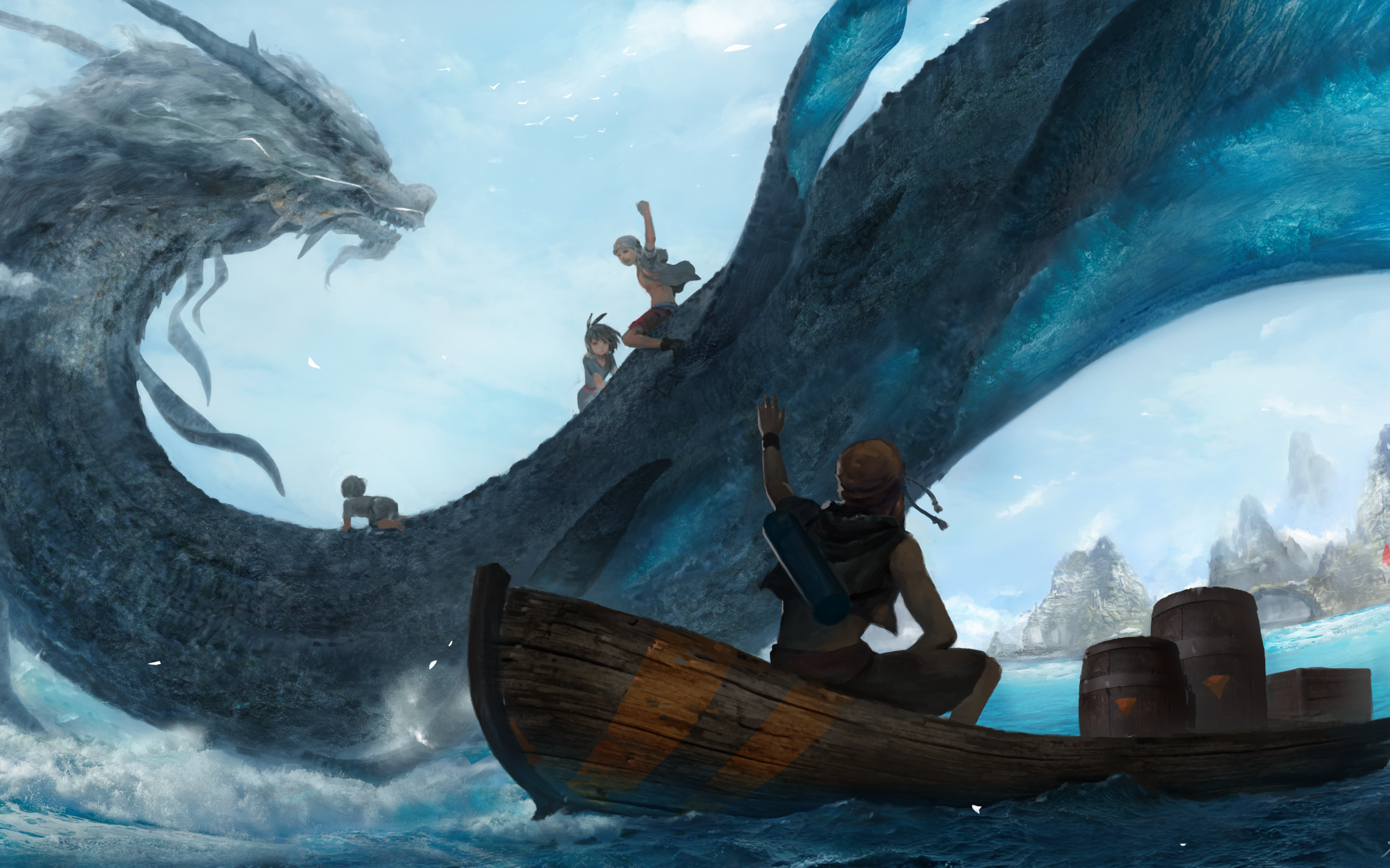 Download 2880x1800 Dragon, Ocean, Anime World, Fantasy, Boat