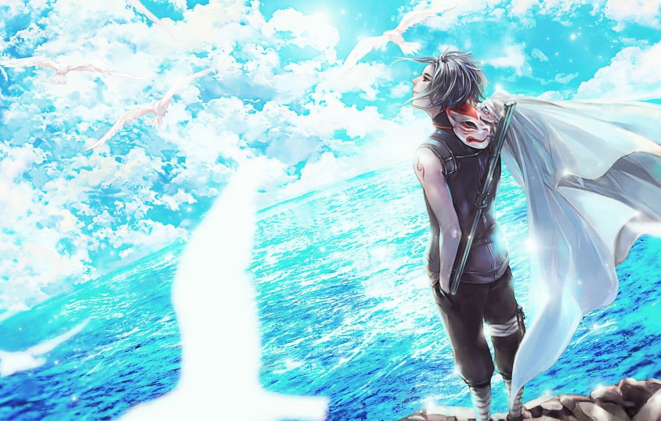 Wallpaper the sky, clouds, birds, smile, the ocean, anime, mask