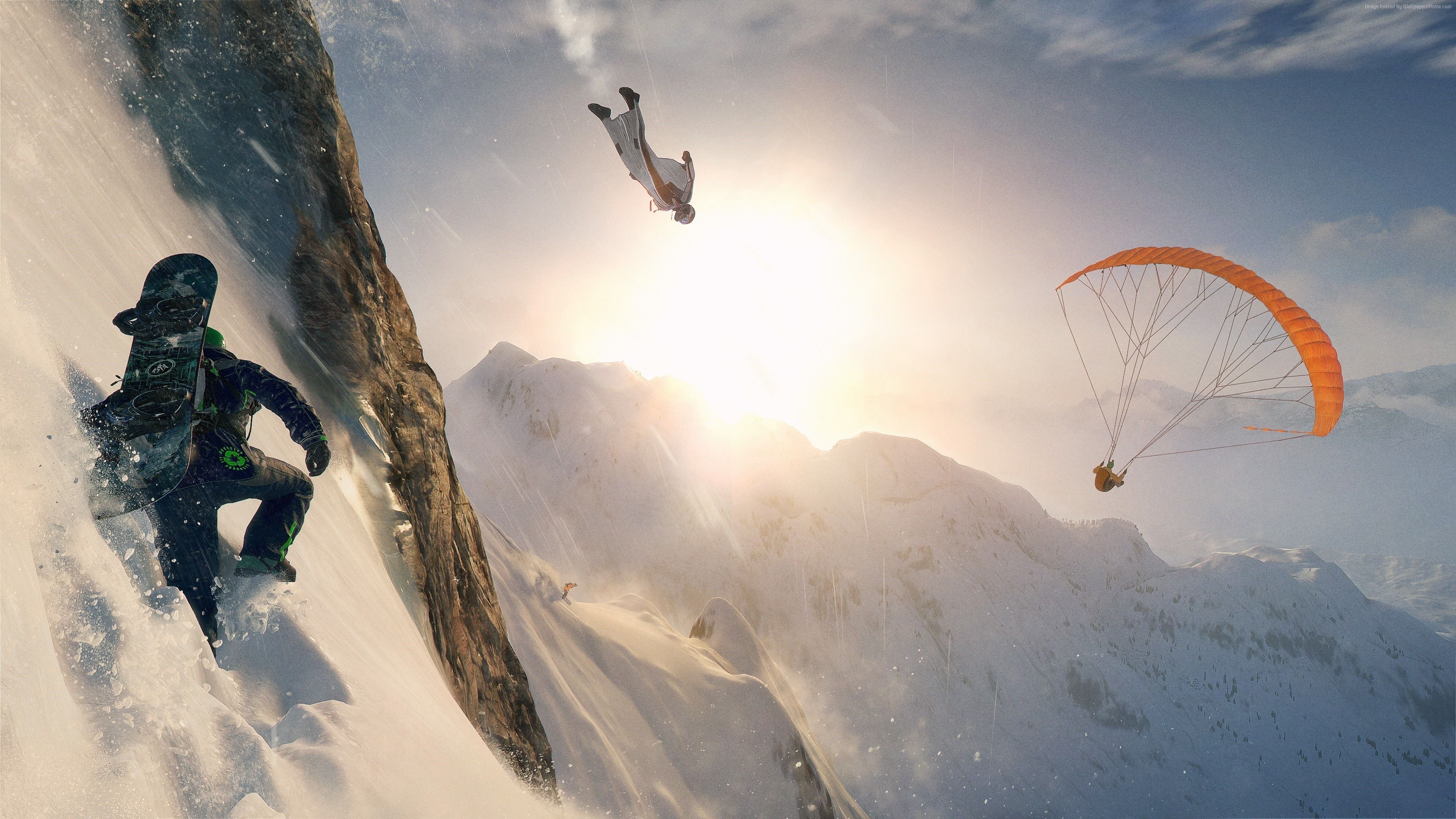 Wallpaper Extreme sport, cliff, snow, mountains, skydiving, skiing