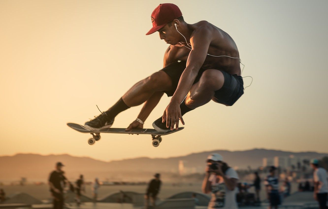 Wallpaper sunset, people, jump, hills, skateboarding, skateboard