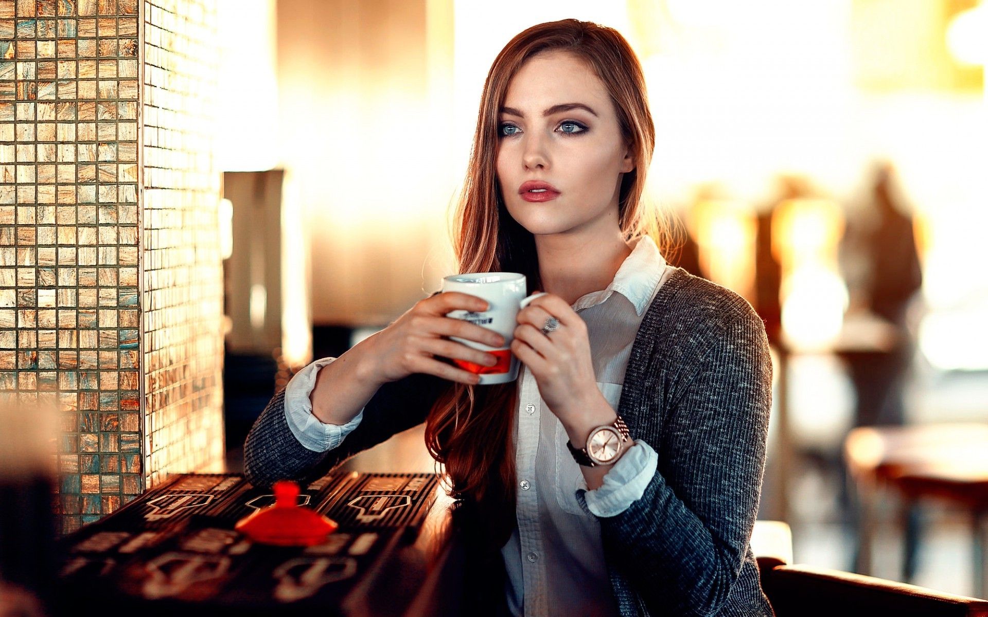 women, Model, Redhead, Long Hair, Alessandro Di Cicco, Looking Away, Blue Eyes, Open Mouth, Sitting, Cup, Blouses, Sweater, Watches, Depth Of Field, Restaurant Wallpaper HD / Desktop and Mobile Background