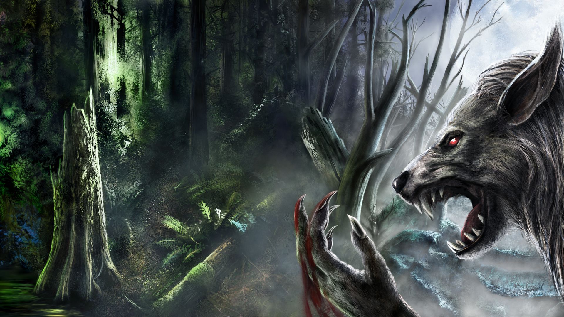 Werewolf fantasy art dark monster creatures blood fangs trees