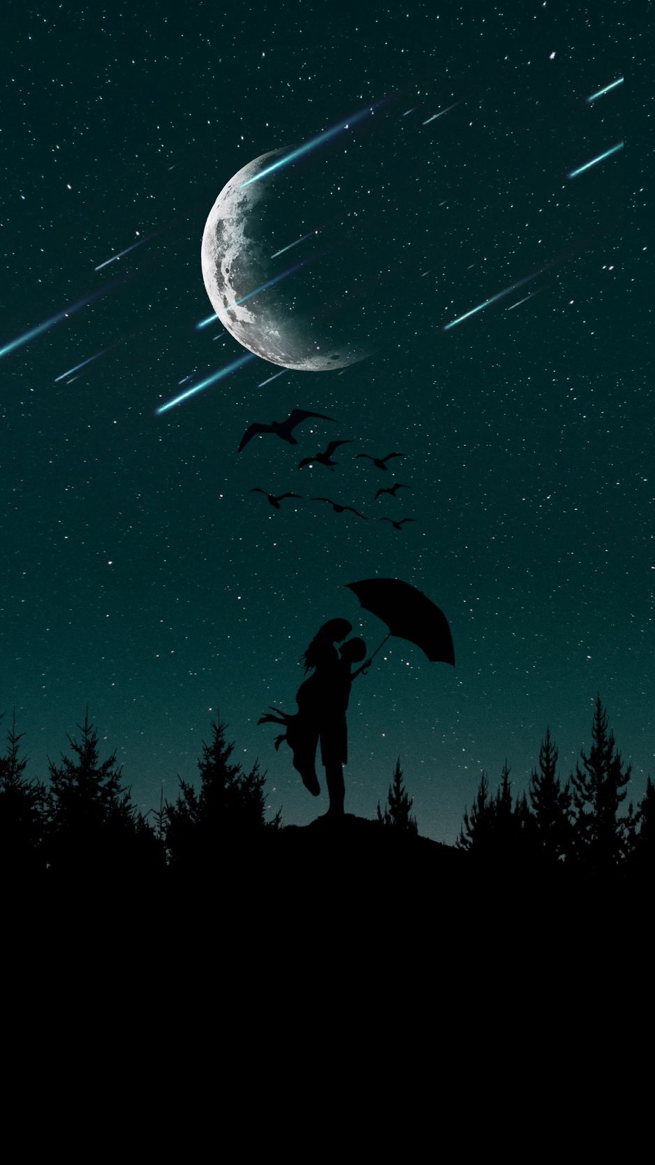 Download Wallpaper 938x1668 Couple, Silhouettes, Starry Sky, Love, Umbrella, Moon, Trees, Night Iphone 8 7 6s 6 For Parallax HD Background