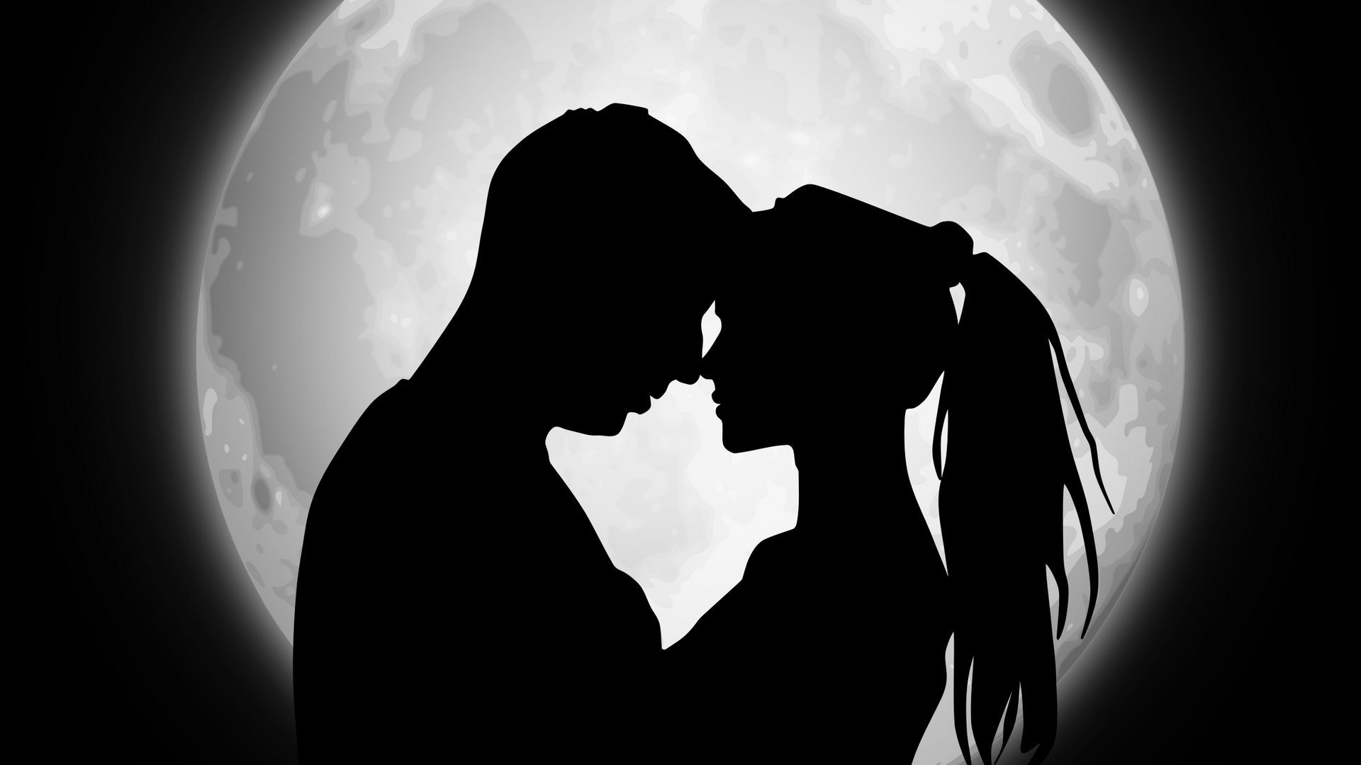 Download wallpaper 1920x1080 couple, silhouettes, moon, love full