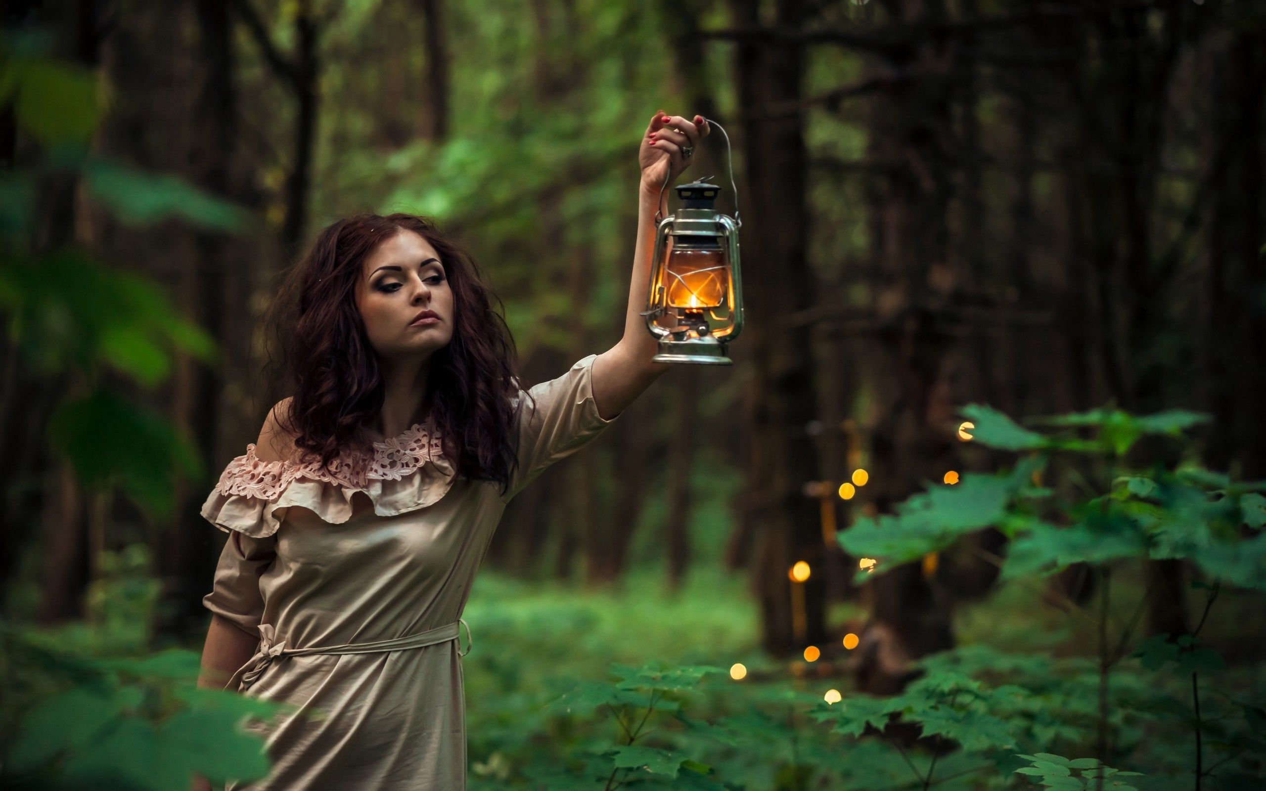 Download 2560x1600 Brunette, Lantern, Forest, Dress, Model, Women