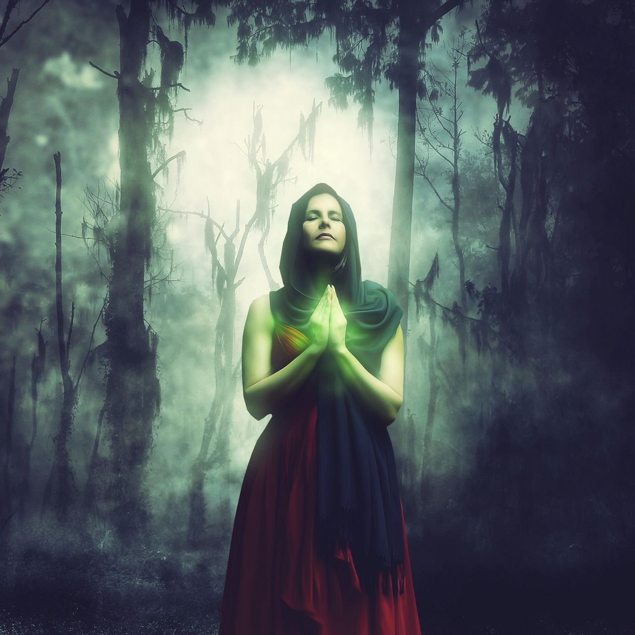 Download wallpaper 1280x1280 woman, magician, magic, forest