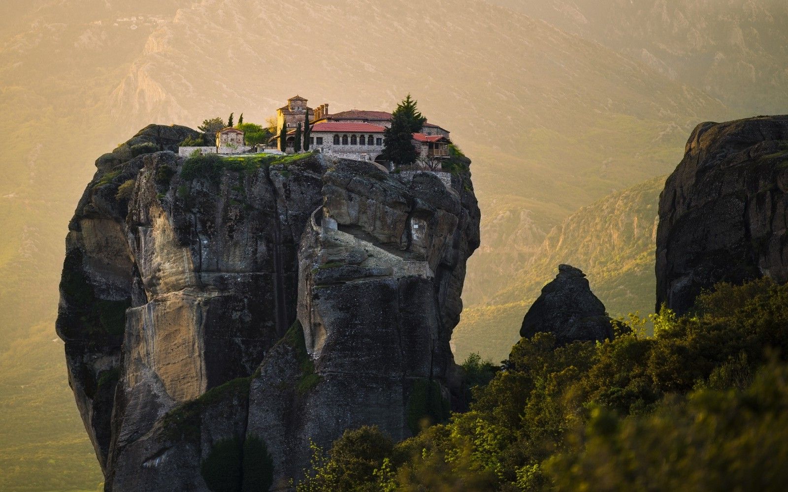 nature, Landscape, Monastery, Greece, Mist, Cliff, Shrubs, Architecture, Mountain, Rock, Meteora Wallpaper HD / Desktop and Mobile Background