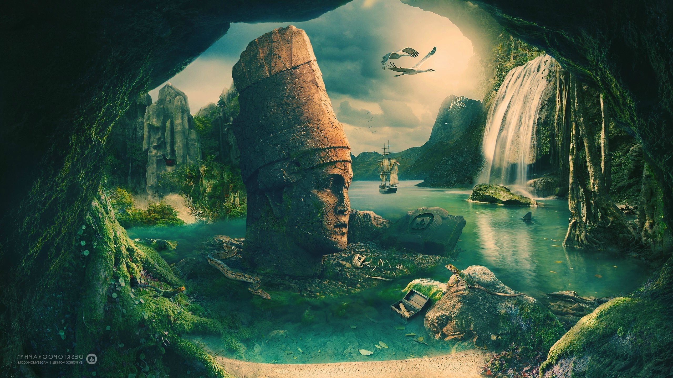 maya civilization sailing ship birds cave desktopography