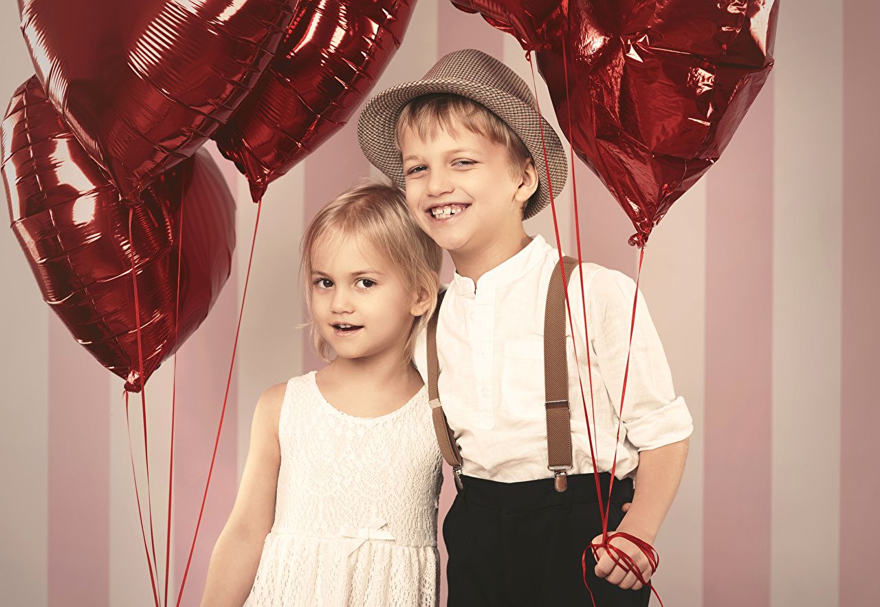 Desktop Wallpaper Little girls Boys Smile Children Hat Two