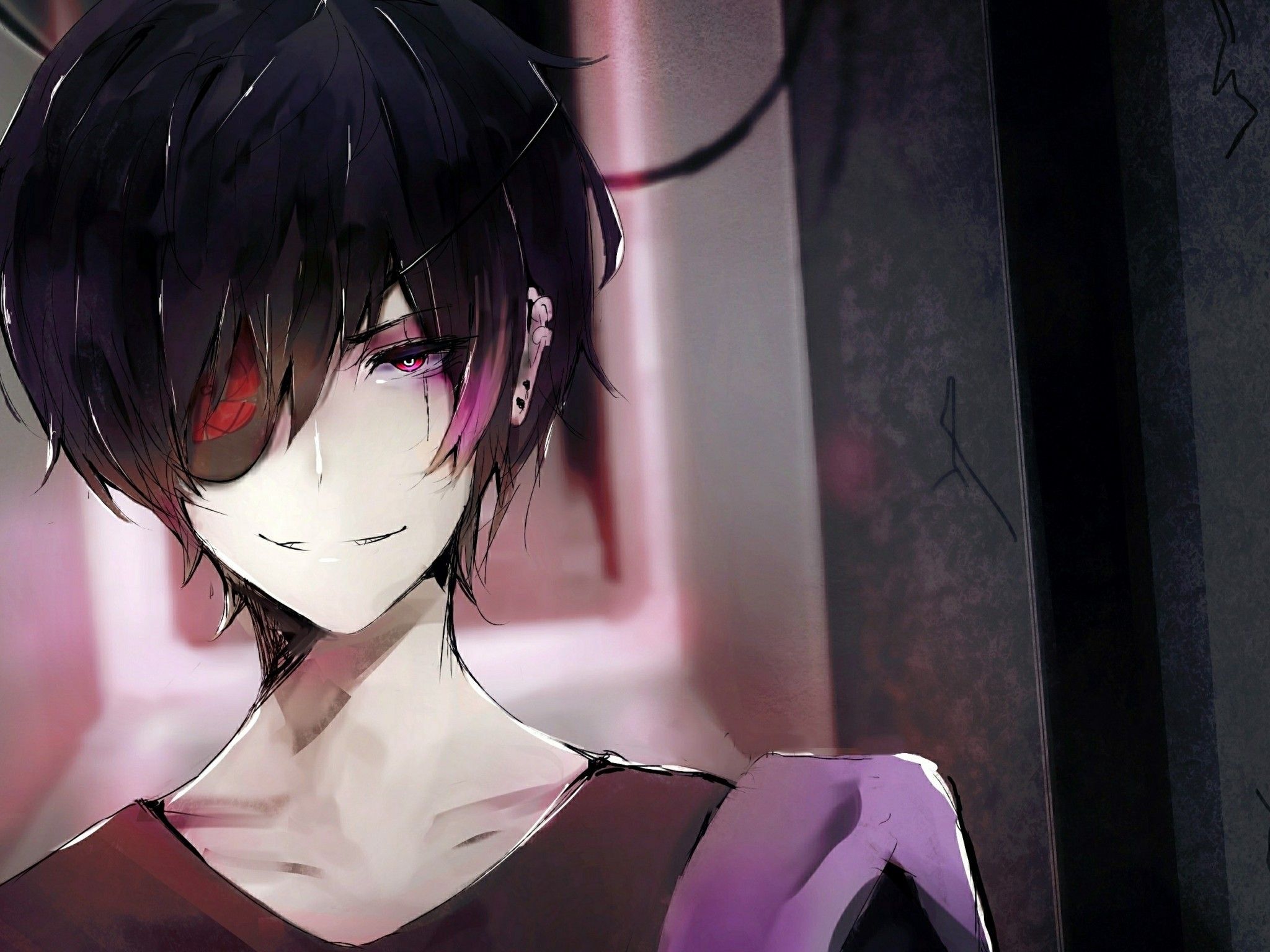 Download 2048x1536 Anime Boy, Eyepatch, Creepy Smile, Shoujo