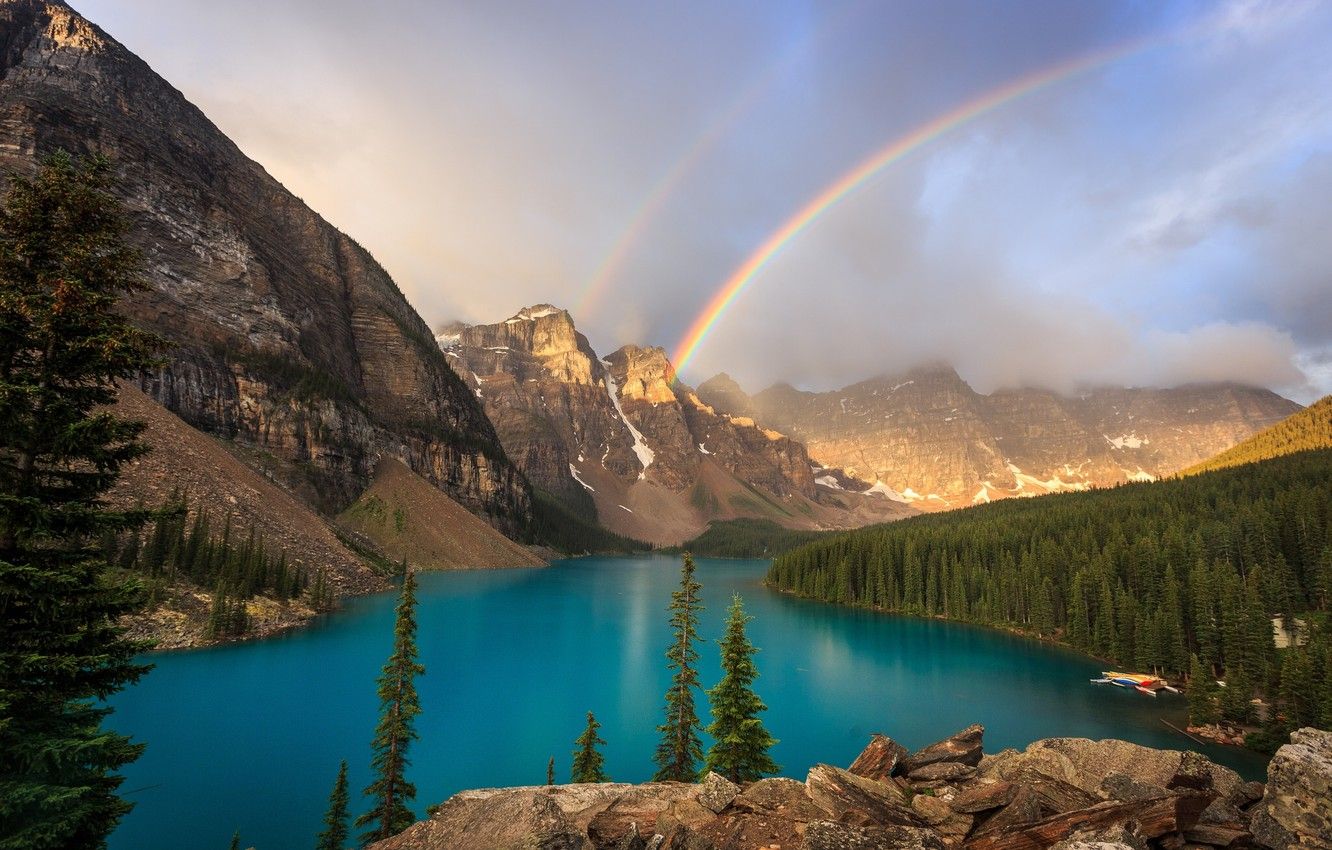 Wallpaper forest, mountains, lake, rainbow, Canada, Banff National