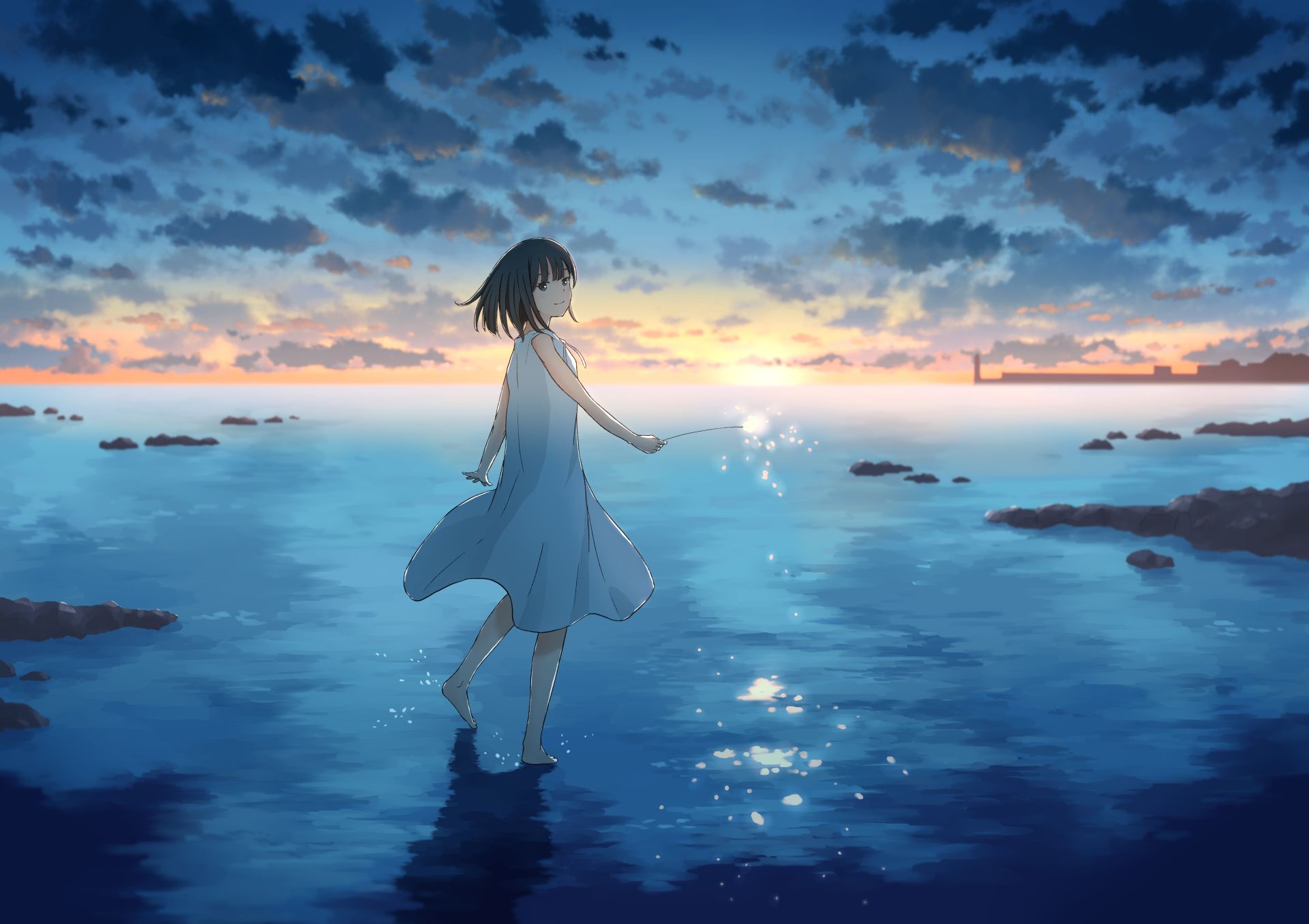 Cute Anime Girl Sunset Draw Wallpaper, HD Anime 4K Wallpaper