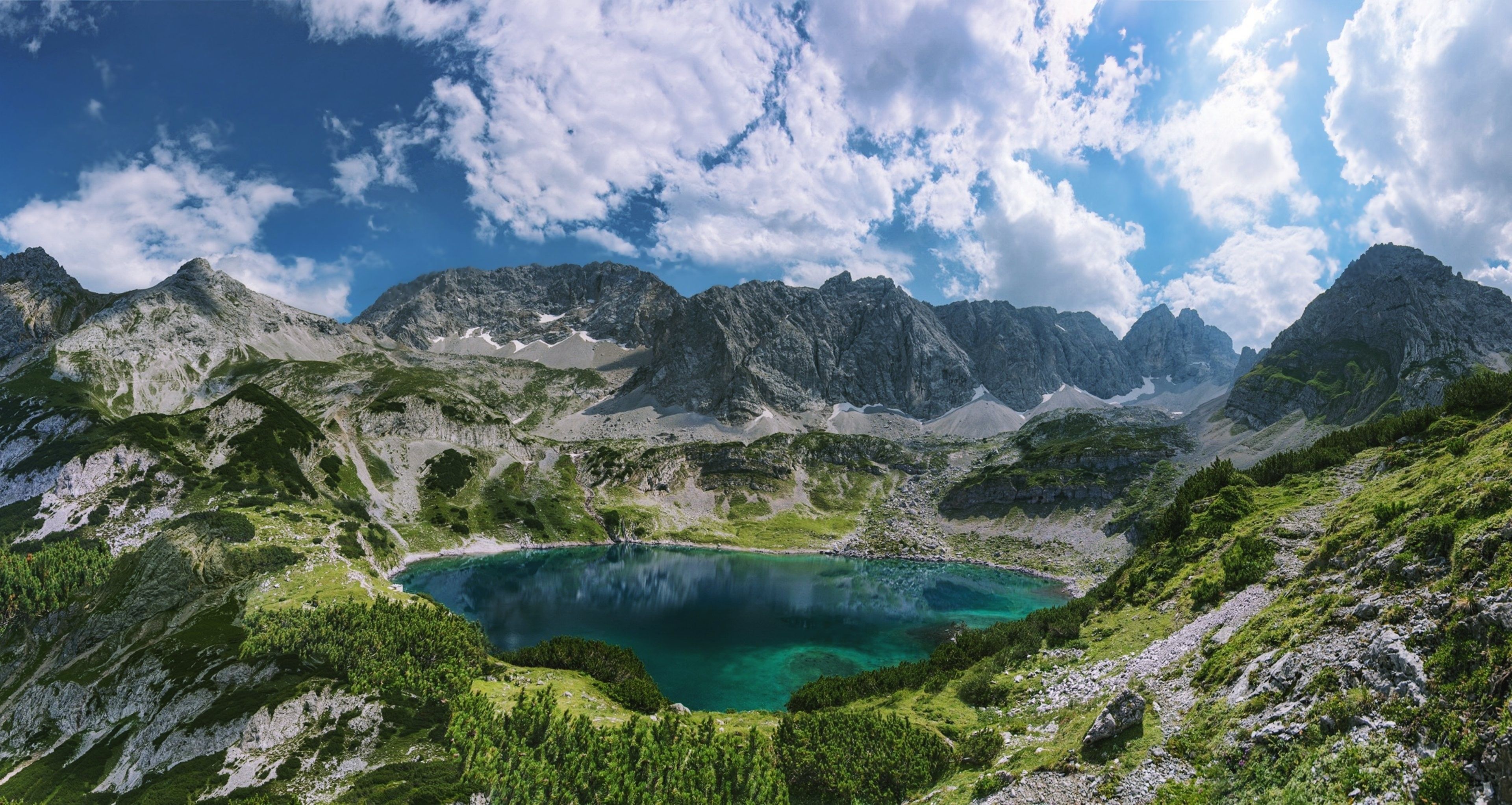 Sky, Lovely Lakes, Clouds, Hills, Trees, Ricks, Nature, Earth, HD