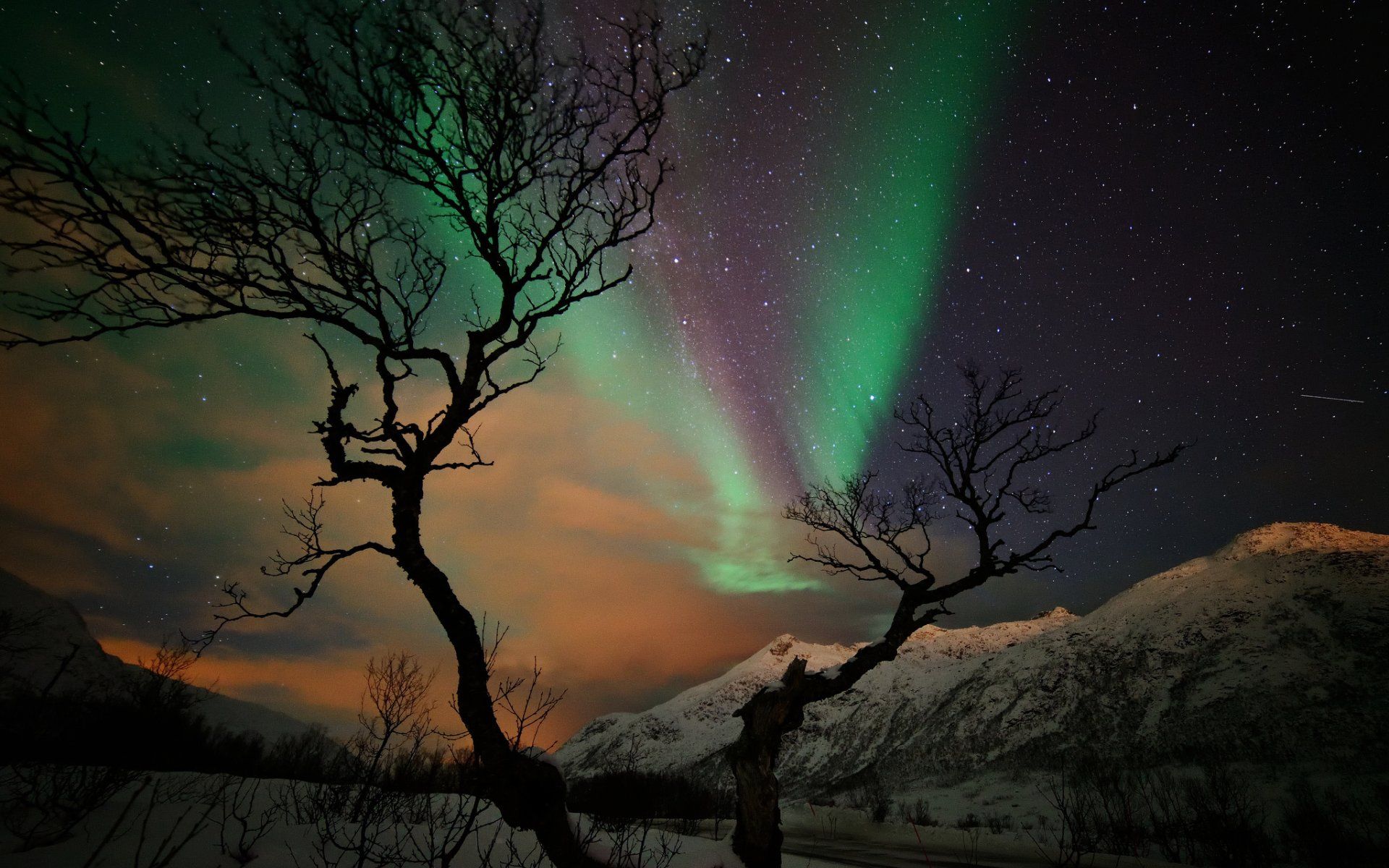 Aurora Borealis over Winter Mountain HD Wallpaper. Background