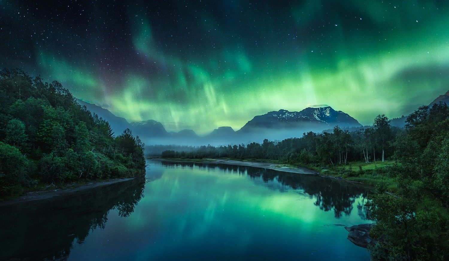 #river, #landscape, #aurora borealis, #trees, #mist