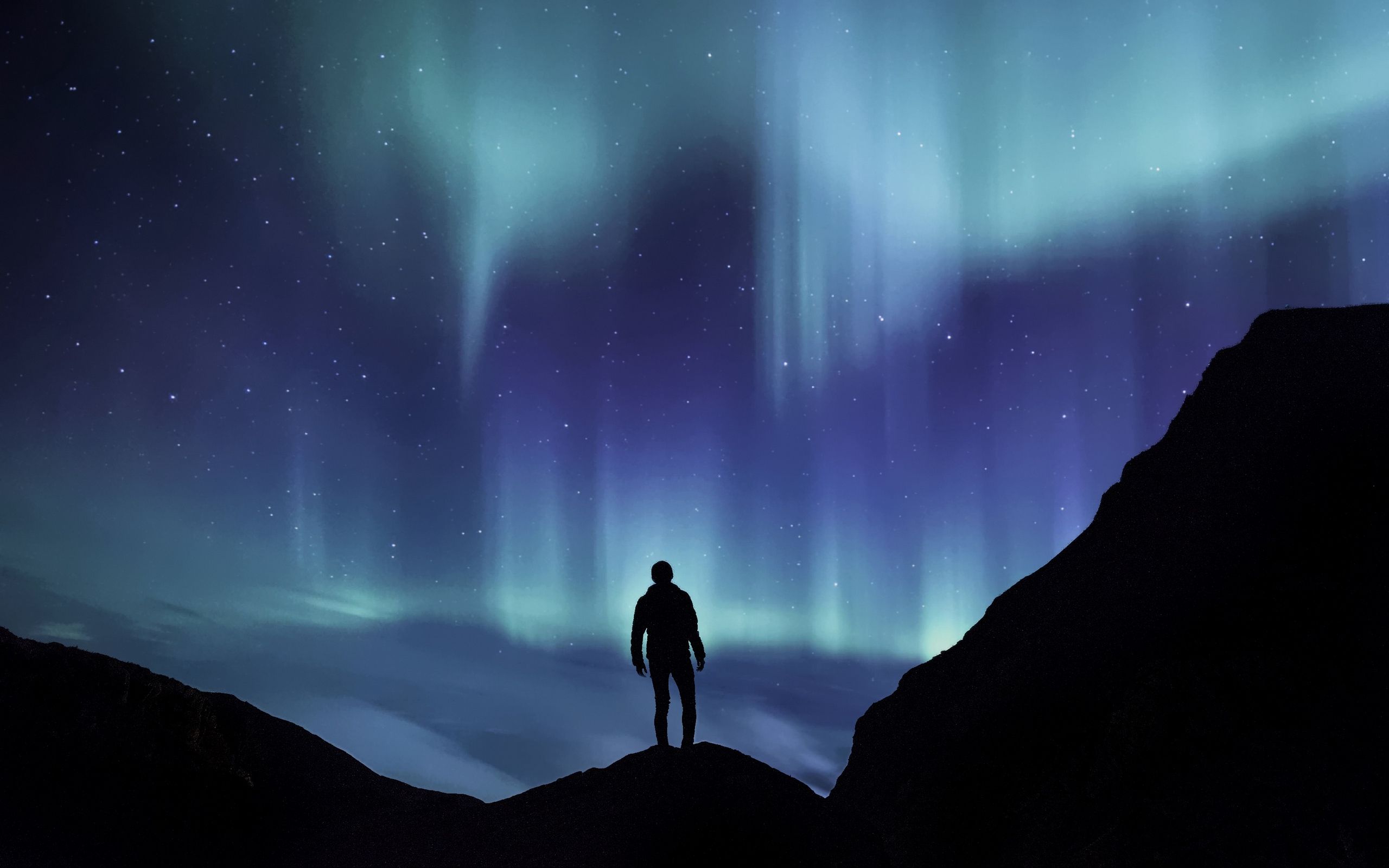 Wallpaper of Northern Lights, Silhouette, Mountains, Starry Sky