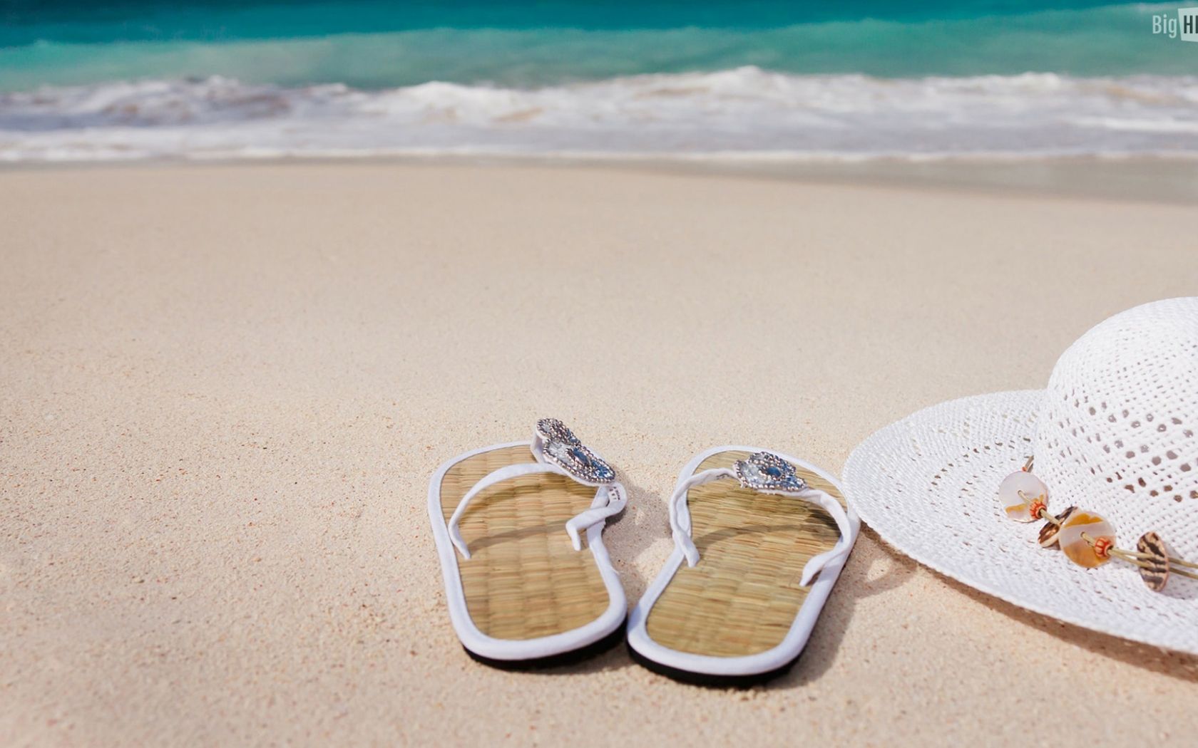Free download Summer beach sandals and straw hat Wallpaper Beach