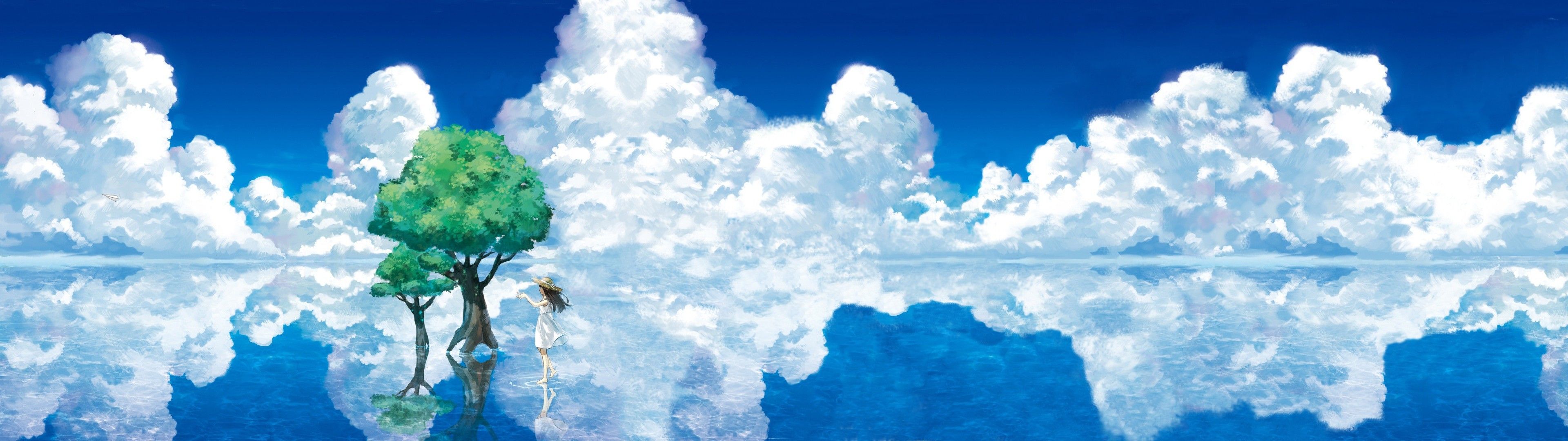 #trees, #anime, #reflection, #anime girls, #sky, #clouds