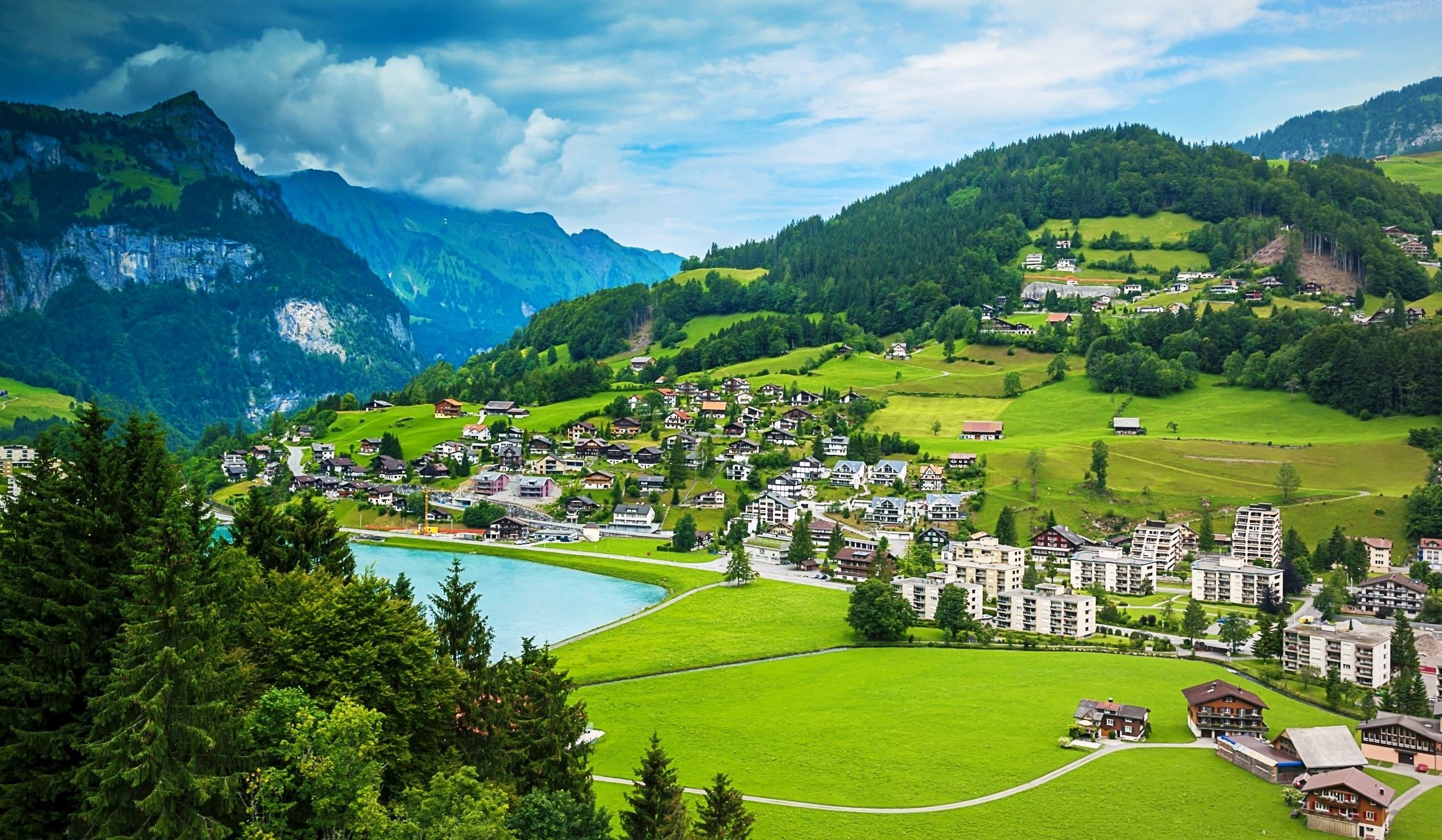 Houses Lake Town Alps Forest Buildings Switzerland Mountains Grass Green Clouds Beautiful Cliffs Lawn Japanese Wallpaperp