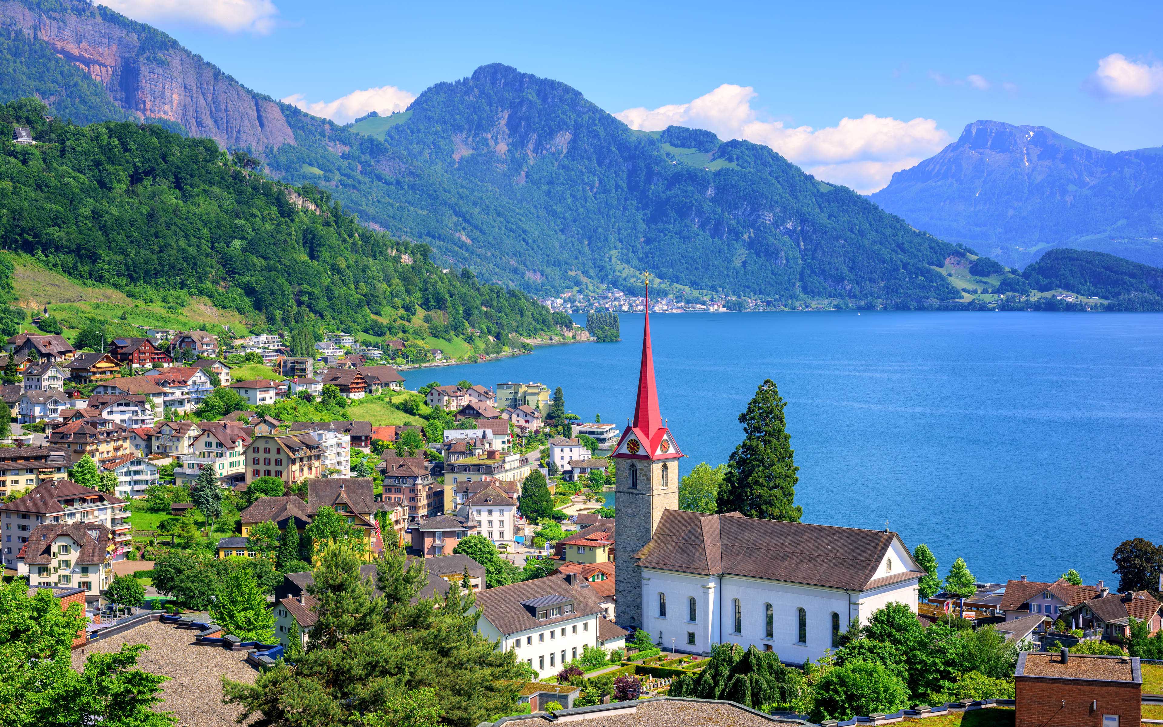 Lake Lucerne In Switzerland Little Swiss Town With Gothic Church On Lake Lucerne And Alps Photo Landscape 4k Ultra HD Wallpaper For Desktop Laptop Tablet Mobile Phones And Tv, Wallpaper13.com