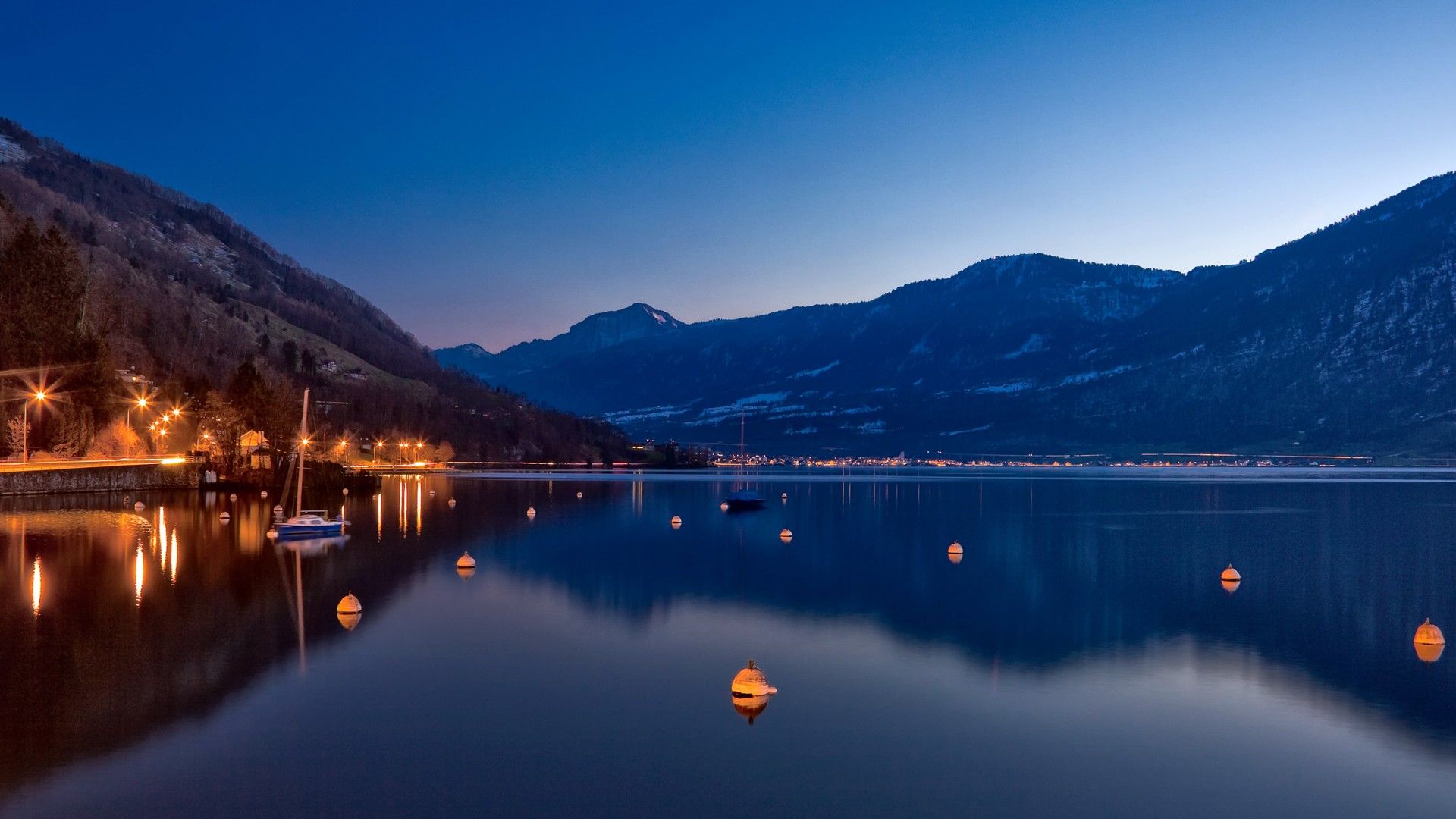 mountains, Lake zug (switzerland), Lake, Switzerland, Night, Boat, Nature Wallpaper HD / Desktop and Mobile Background