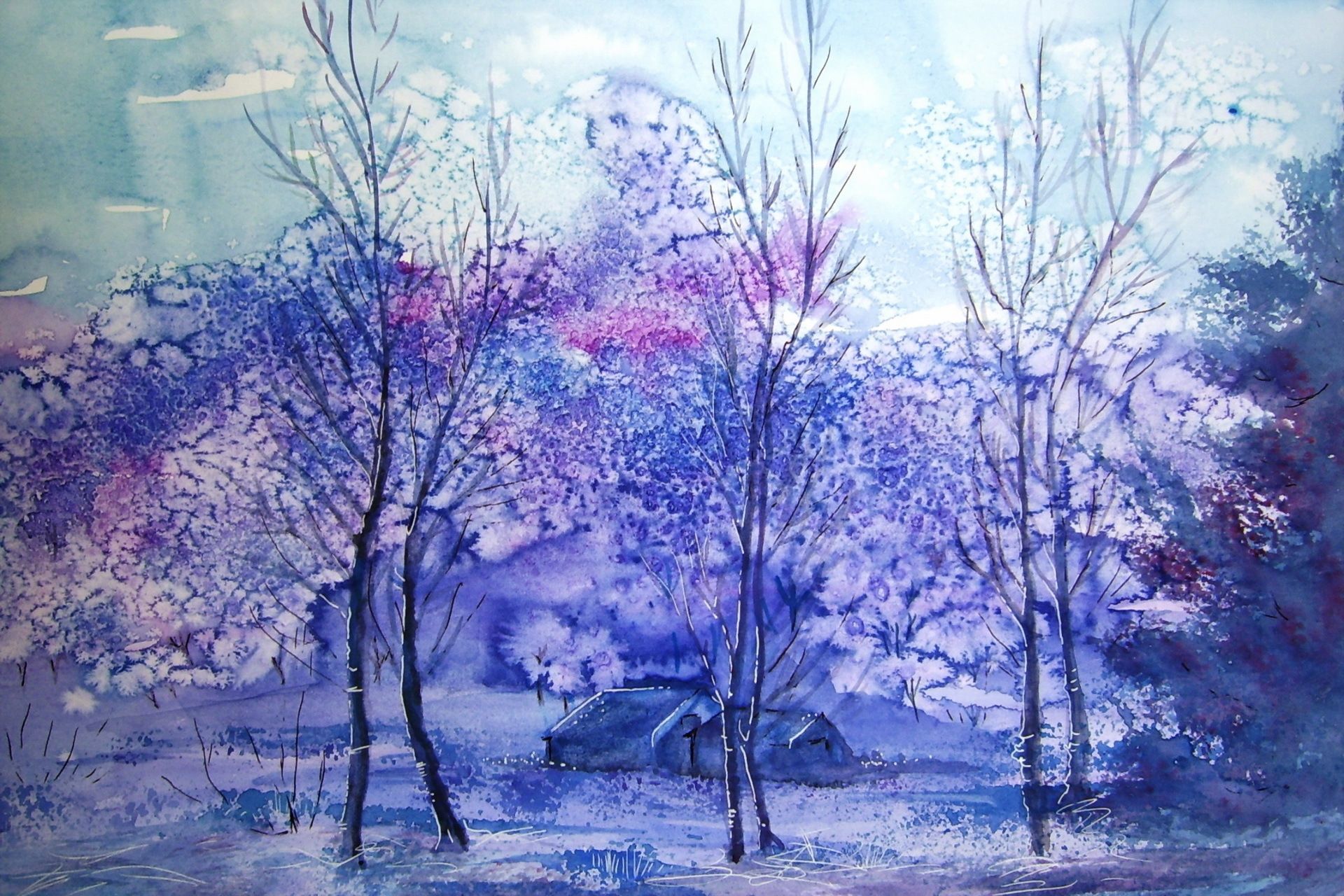 watercolor painting forest winter nature art HD wallpaper jpg