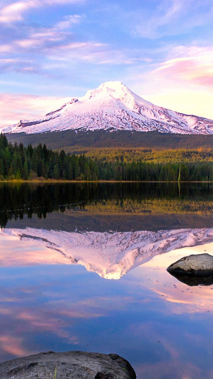 Lake, reflections, mountains, Mount Hood, 720x1280 wallpaper