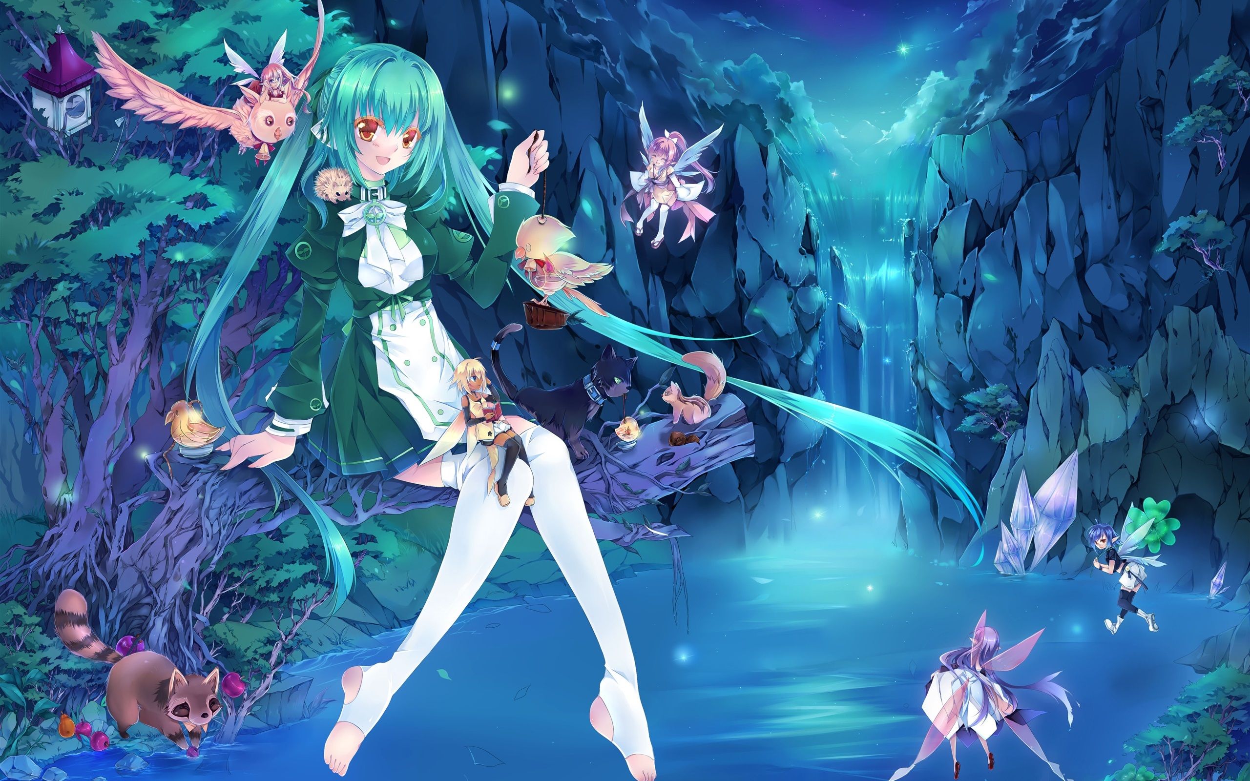 Wallpaper Blue hair anime girl, fairies, waterfall, light, fantasy
