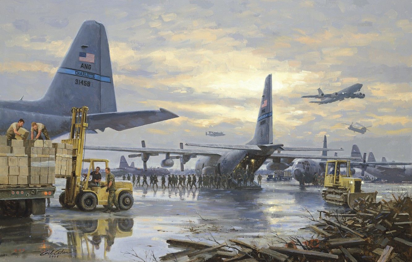 Wallpaper aircraft, soldiers, boxes, military base, pogruschik