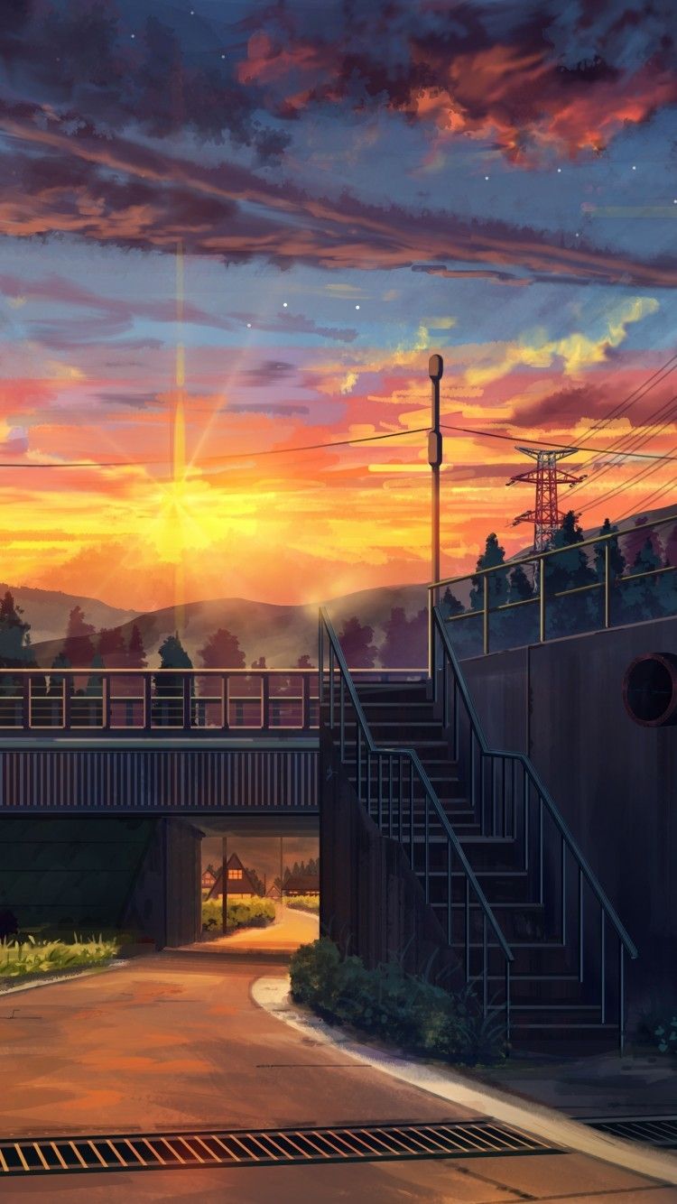 Download 750x1334 Anime Sunset, Landscape, Scenic, Clouds