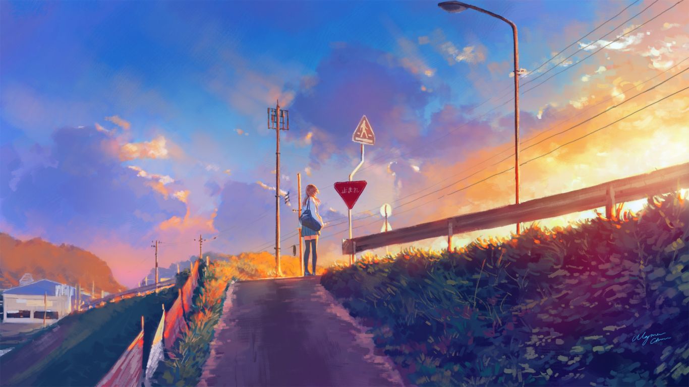 Download 1366x768 wallpaper sunset, pathway, anime girl, original