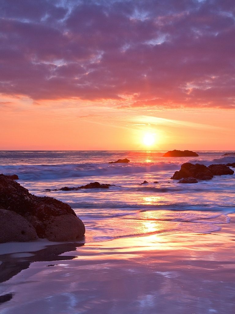 Ocean Rocks Beach Pink Sunset iPad wallpaper