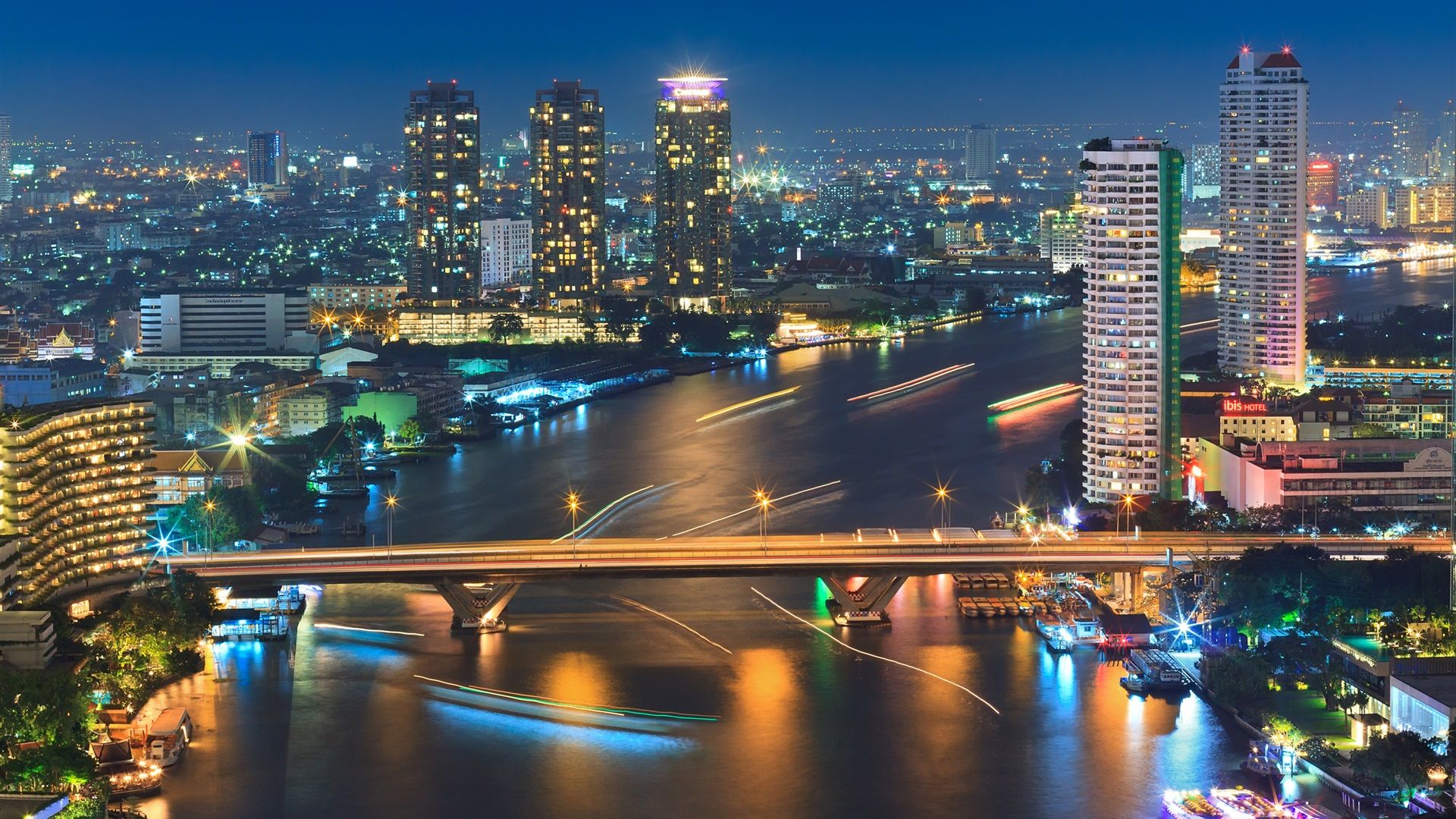 Wallpaper Bangkok, Thailand, city night, river, lights, bridge