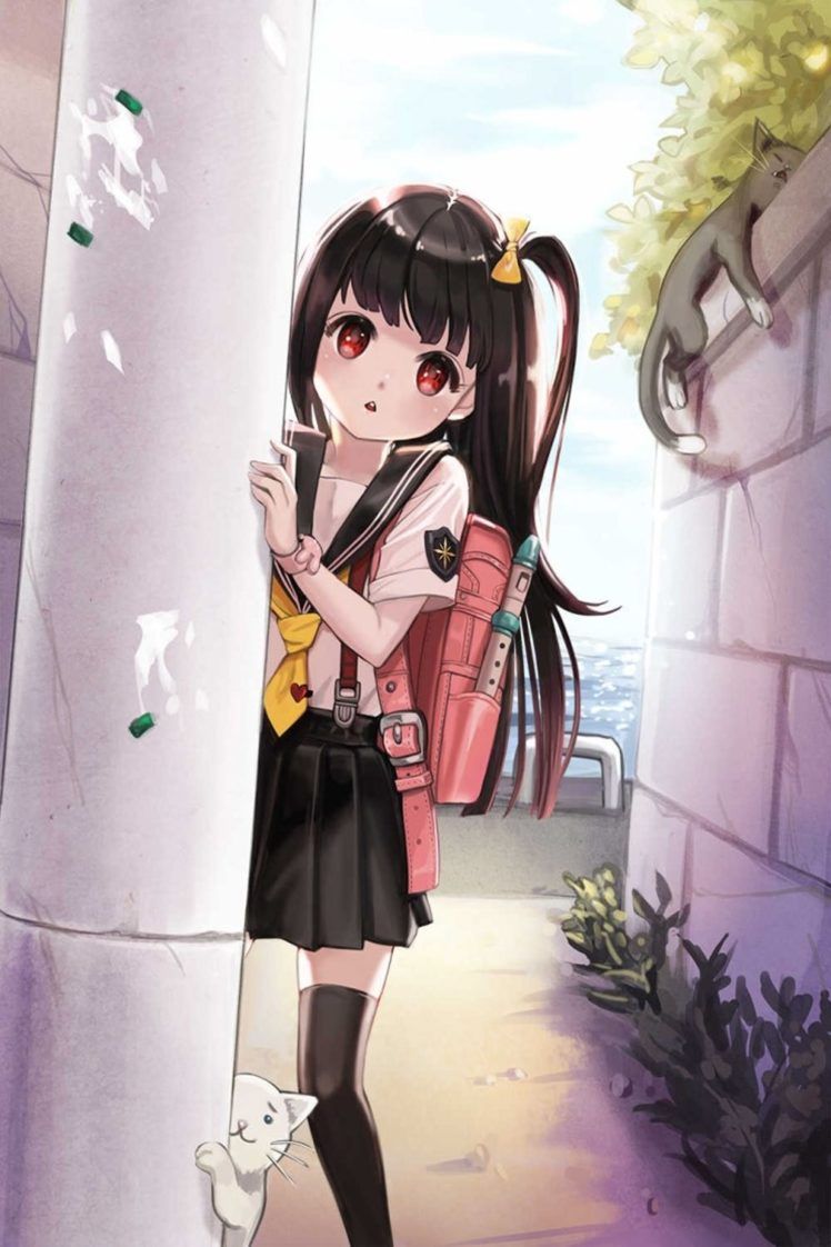 anime, Girl, Cute, Beautiful, Long, Hair, School, Uniform, Cats Wallpaper HD / Desktop and Mobile Background